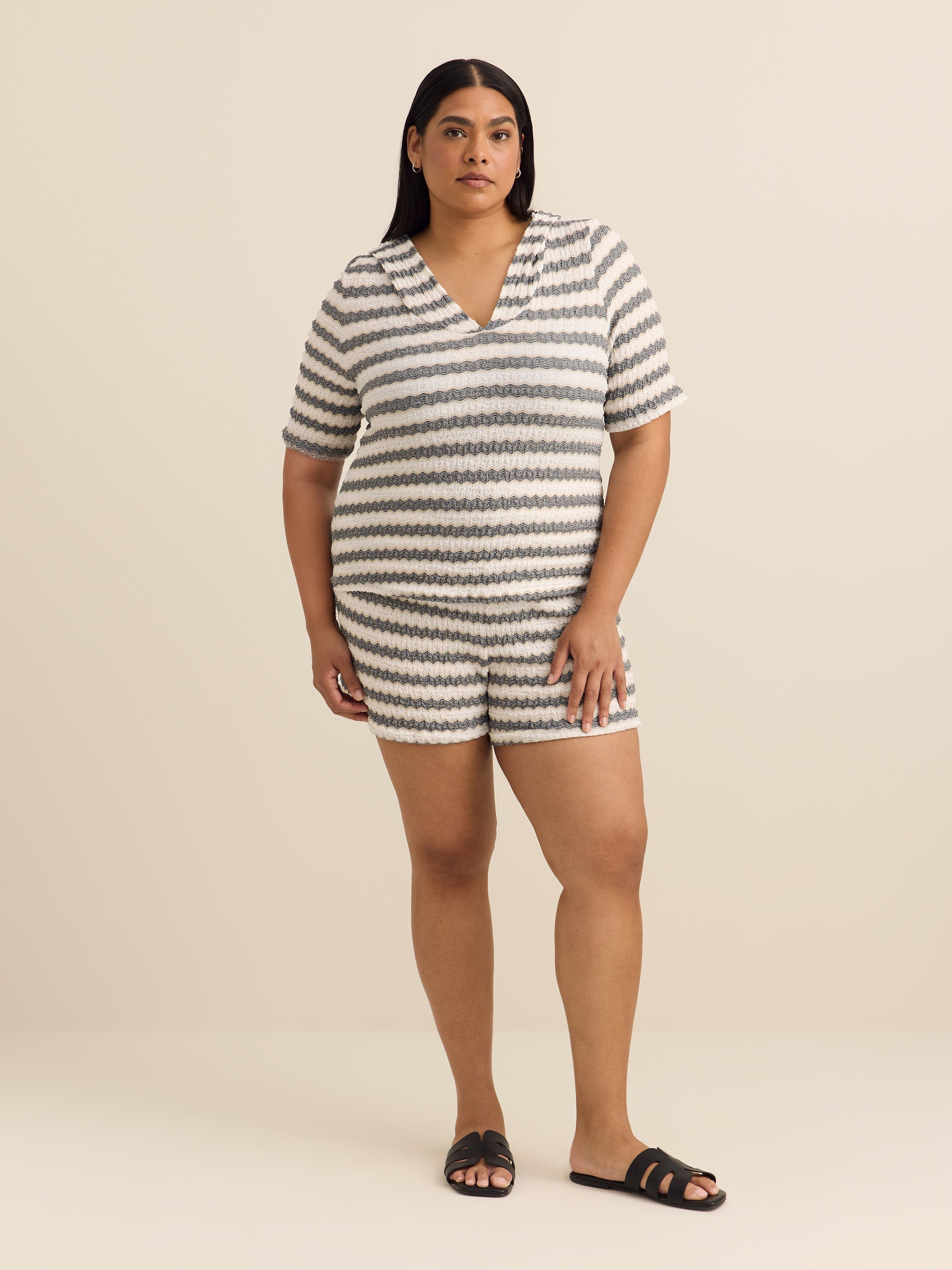 Striped Hooded Short-Sleeve Cover-Up Top - Cover Me