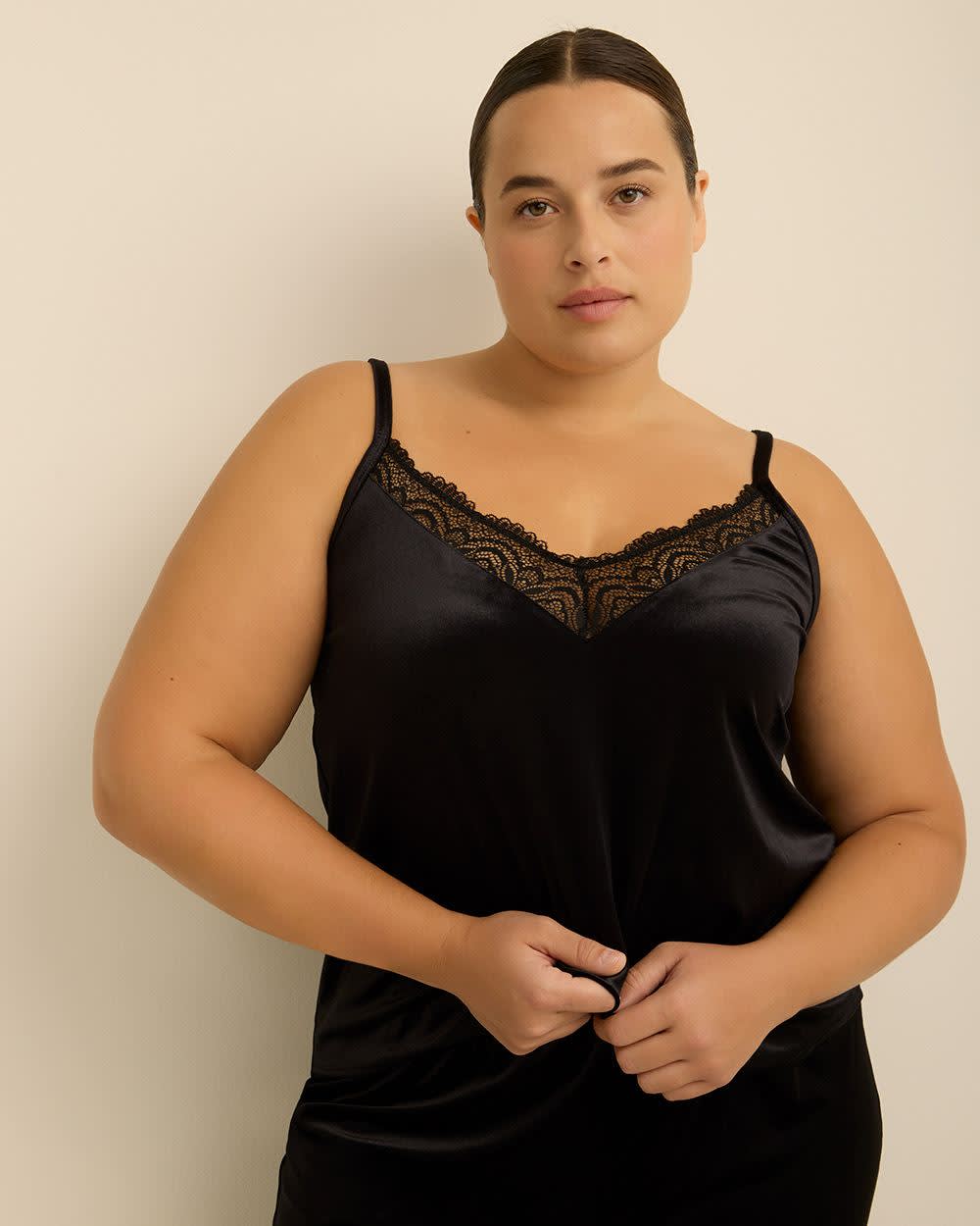 Déesse Knit Velour PJ Top – V-Neck, Lace Detail, Adjustable Straps