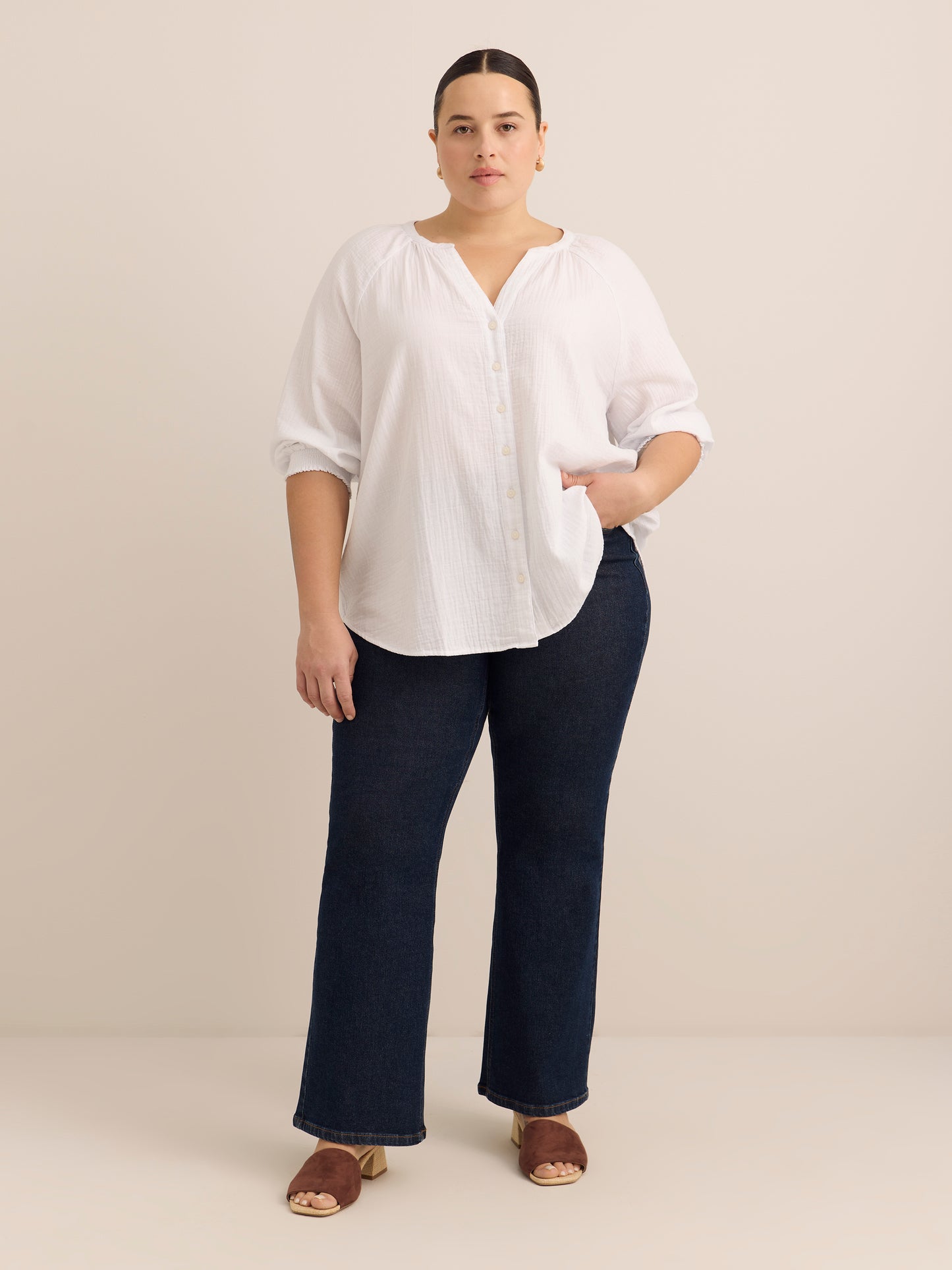 Cotton A-Line Notch-Neckline Blouse