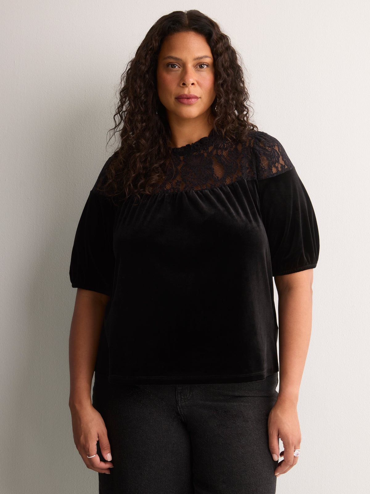 Black Velour Elbow-Sleeve A-Line Blouse with Lace