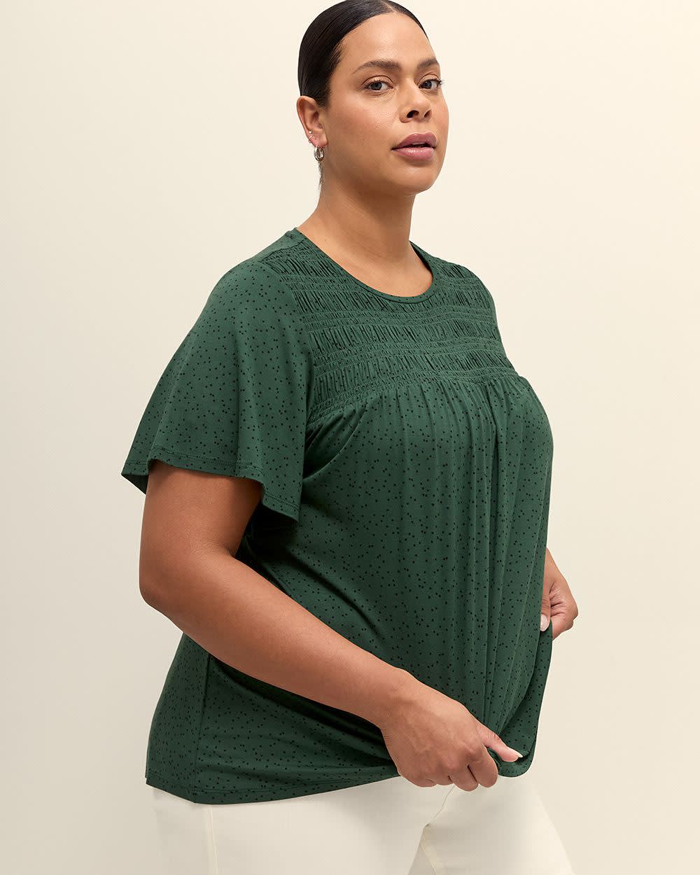 Flutter-Sleeve Knit Top with Smocked Detail