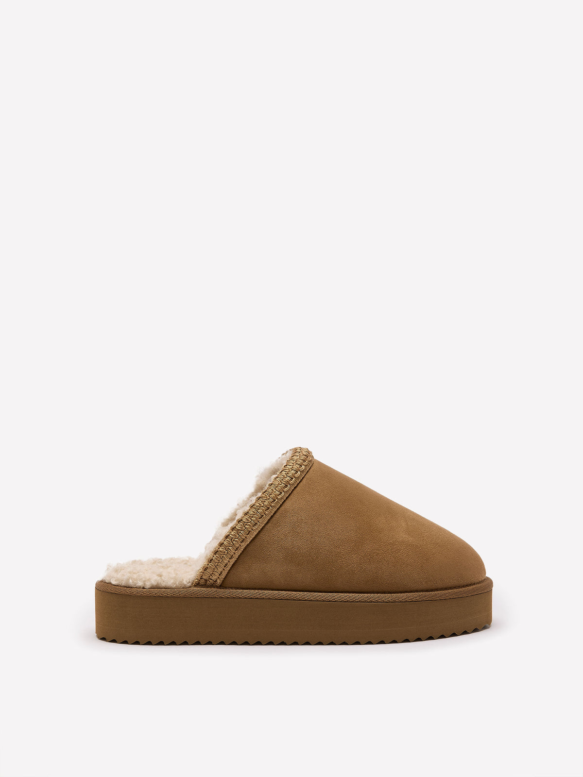 Wide Width, Microsuede Flat Platform Slippers with Faux-Fur Lining