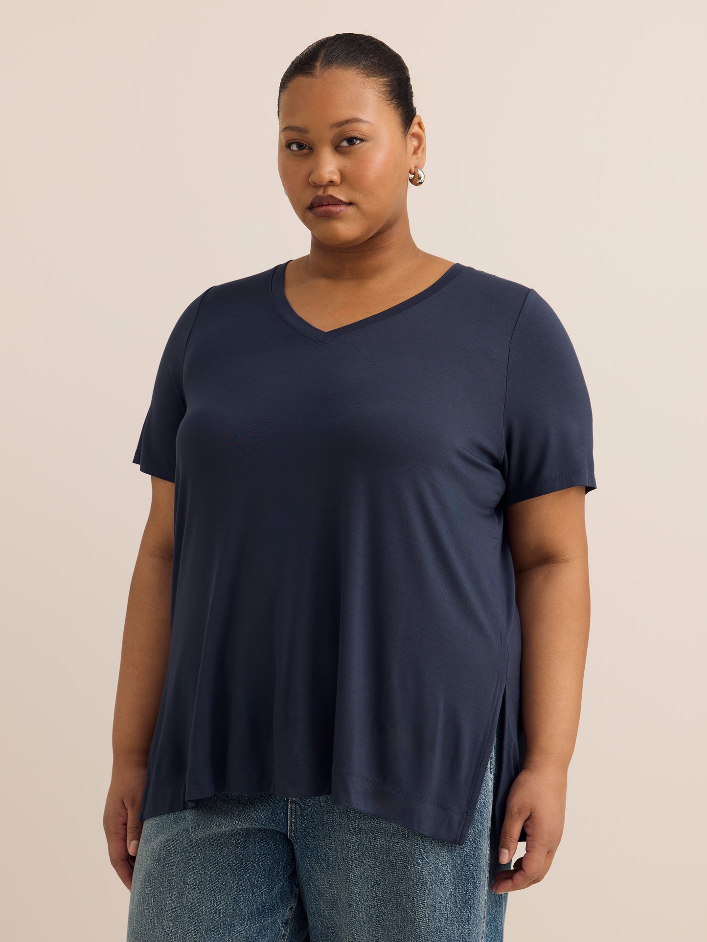 V-Neck Short Sleeve Tunic with Side Slits