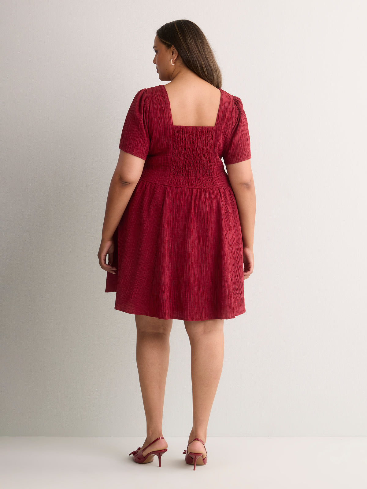 Red Square-Neck Smocked-Back Short Dress