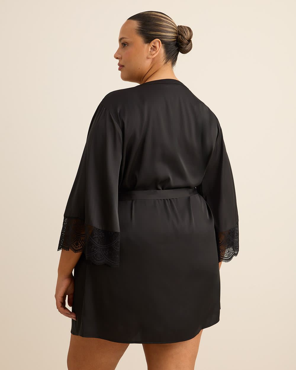 Black Sexy Satin Kimono Robe with Lace Cuffs - Déesse Collection