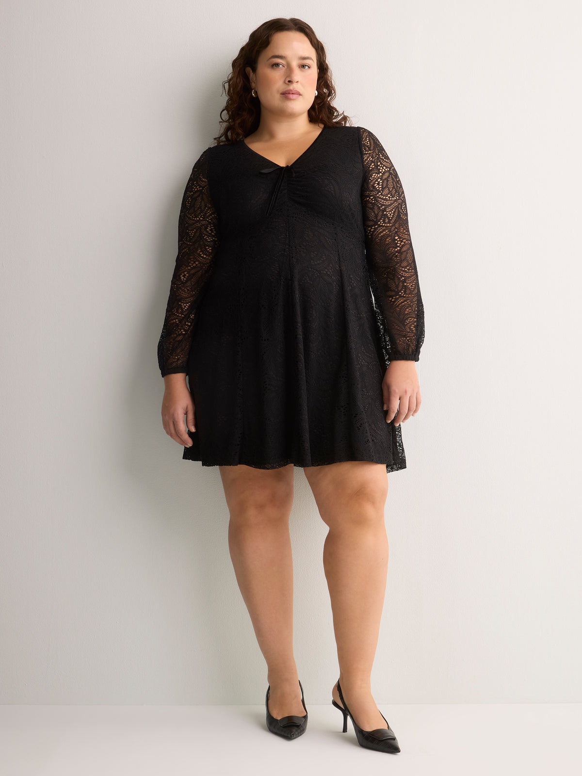 Fit-and-Flare Shirred V-Neck Lace Dress