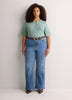 Straight Elbow-Sleeve Ribbed Knit Henley Top