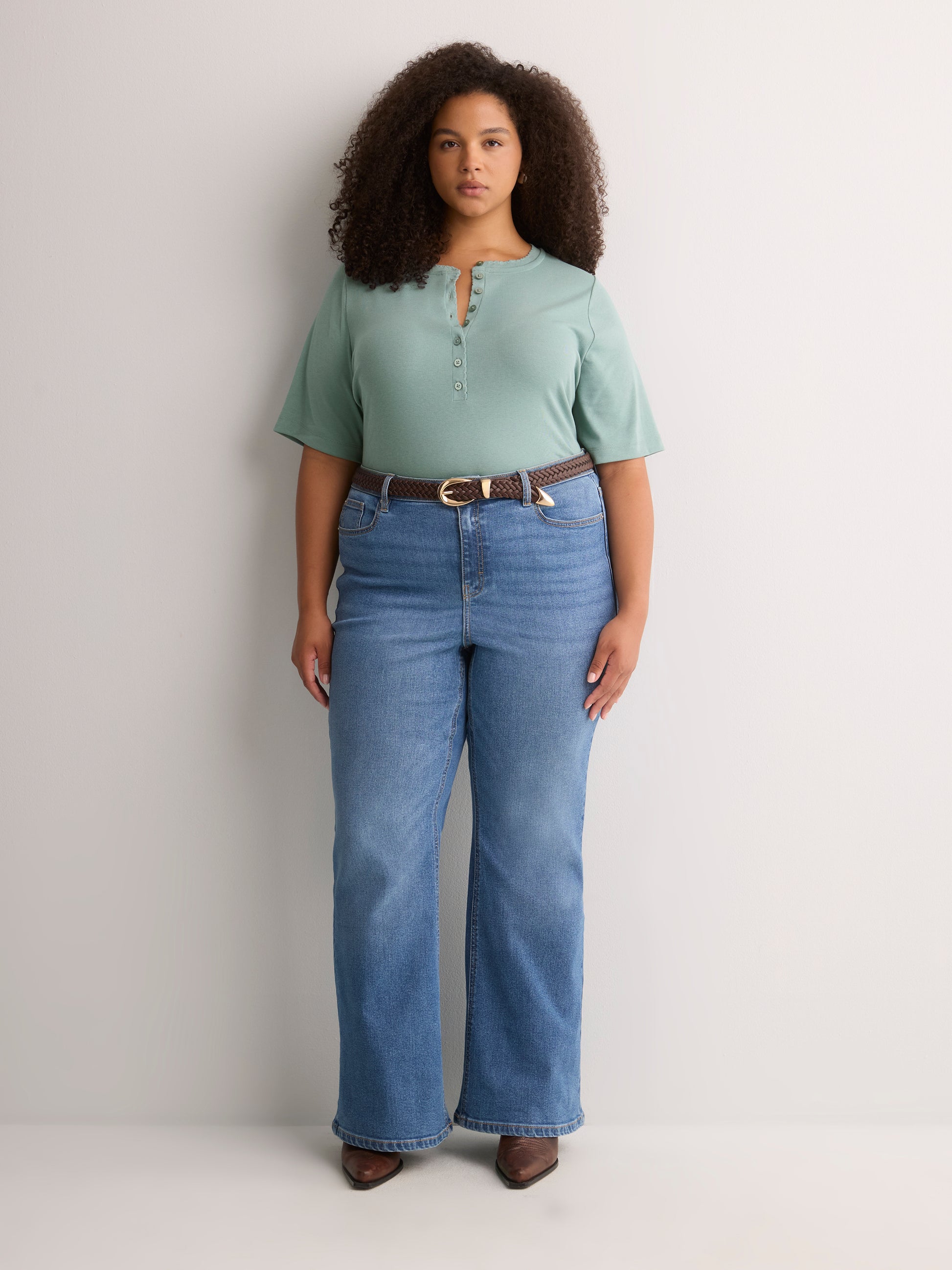 Straight Elbow-Sleeve Ribbed Knit Henley Top