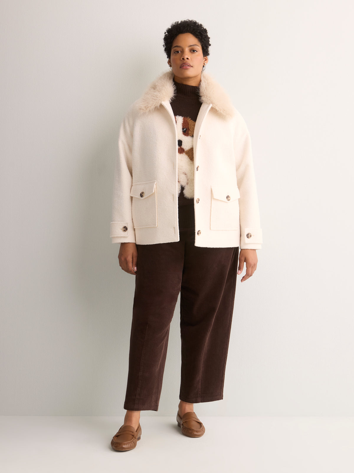 Bouclé Coat with Removable Faux-Fur Collar