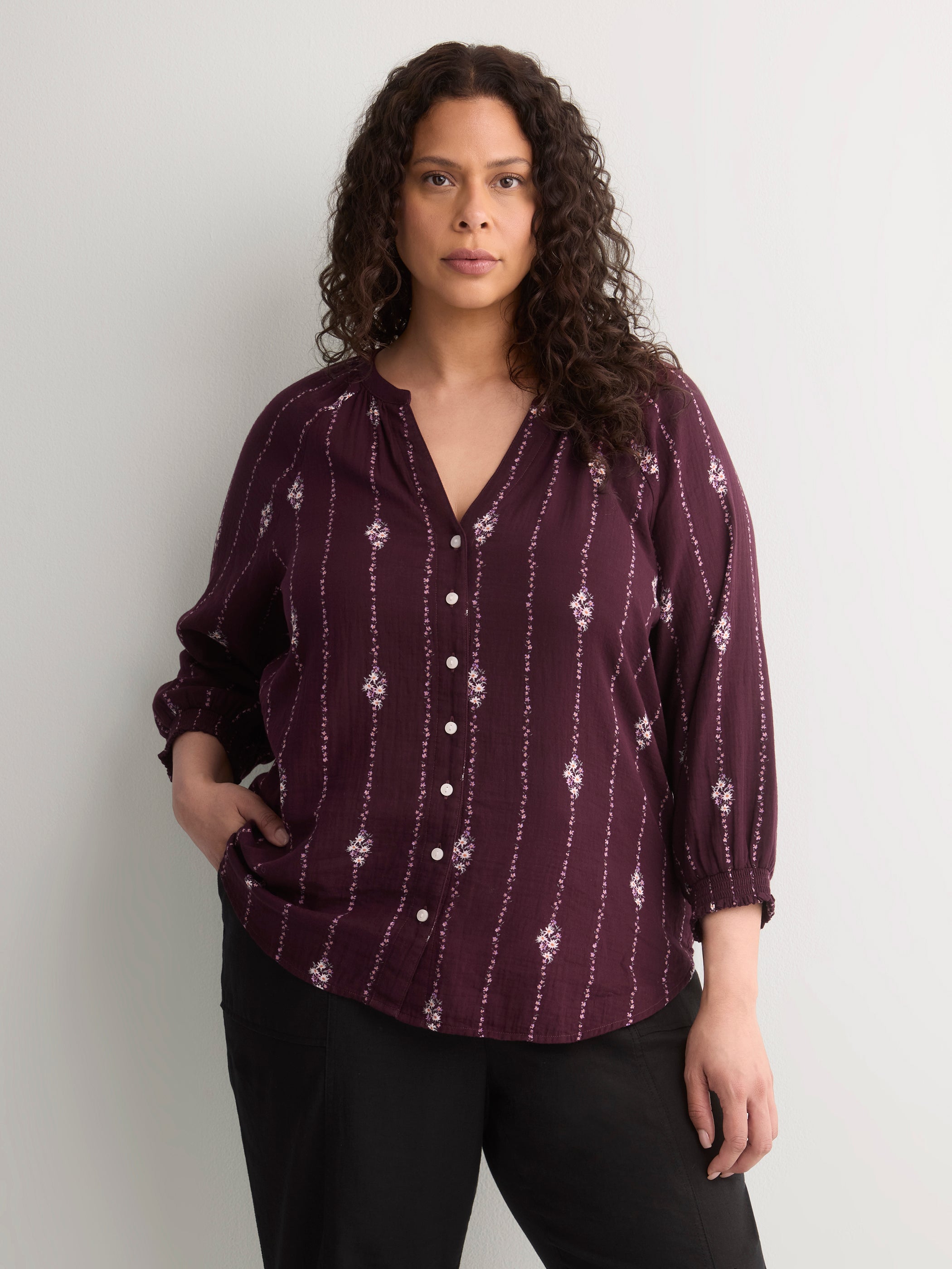 Cotton A-Line Notch-Neckline Blouse