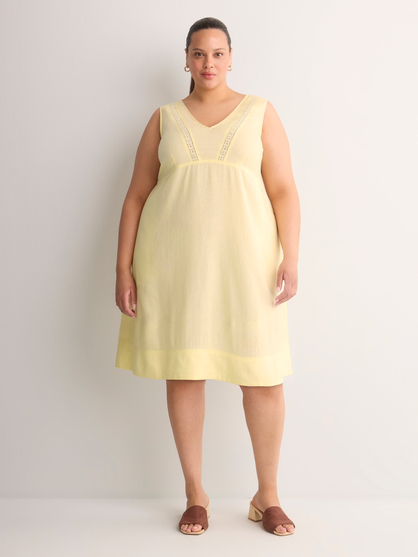 Linen Blend V-Neck Swing Dress with Crochet Tape