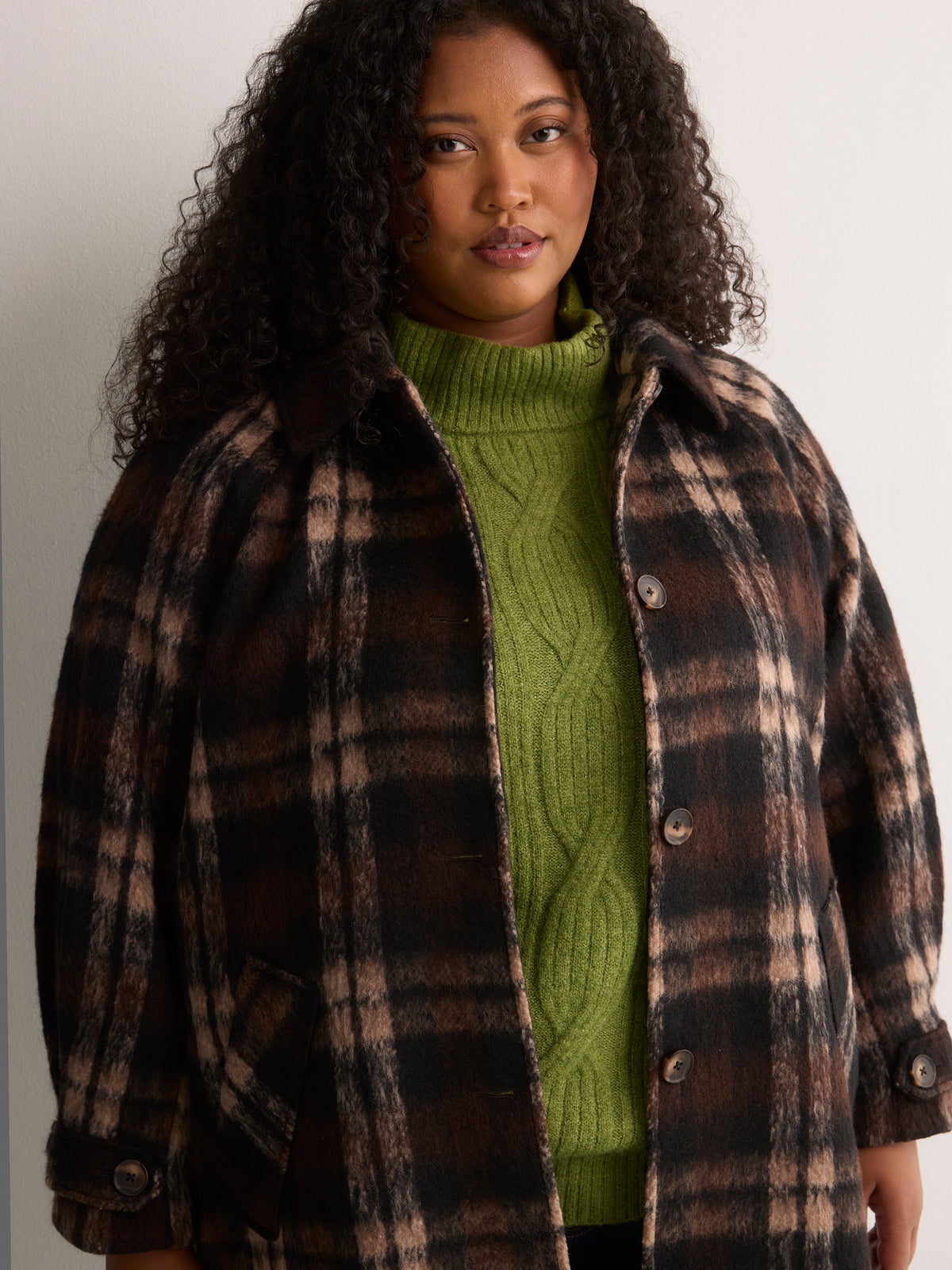 Green Loose-Fit Mock-Neck Cable Knit Sweater