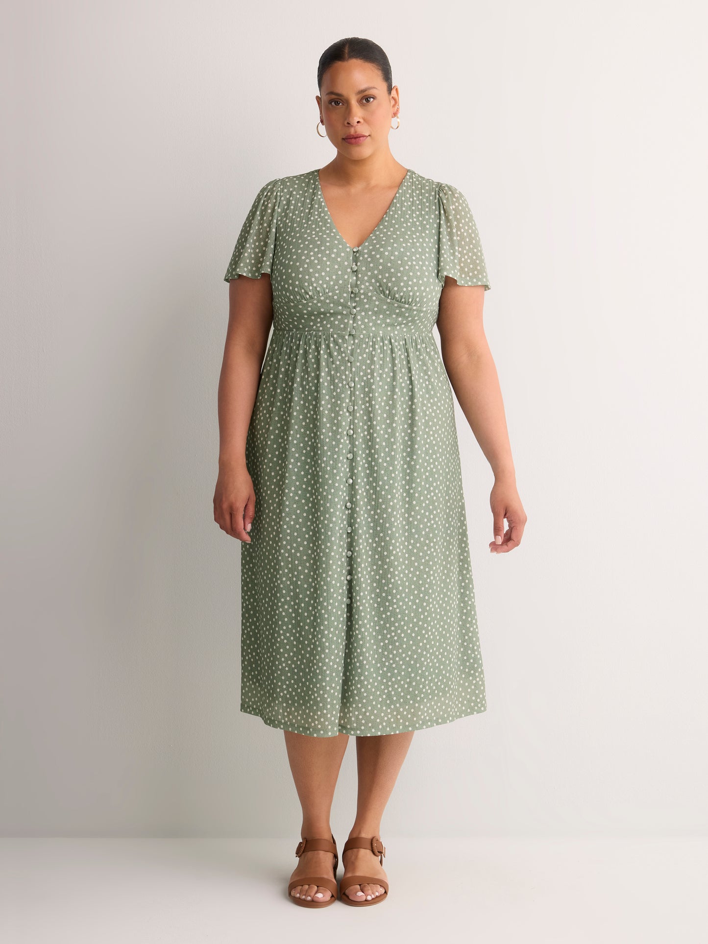 V-Neck Buttoned-Down Midi Dress with Flutter Sleeves - Addition Elle