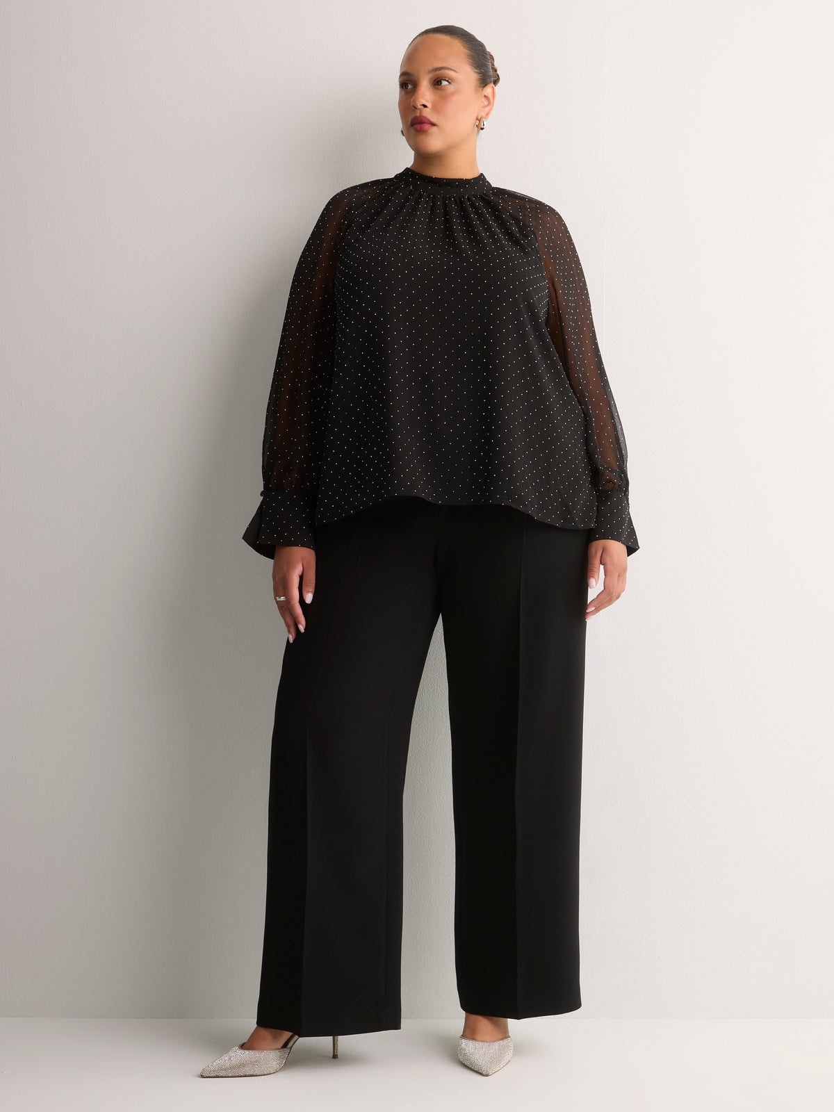Black Rhinestone Chiffon A-Line Blouse with Shirred Mock Neck