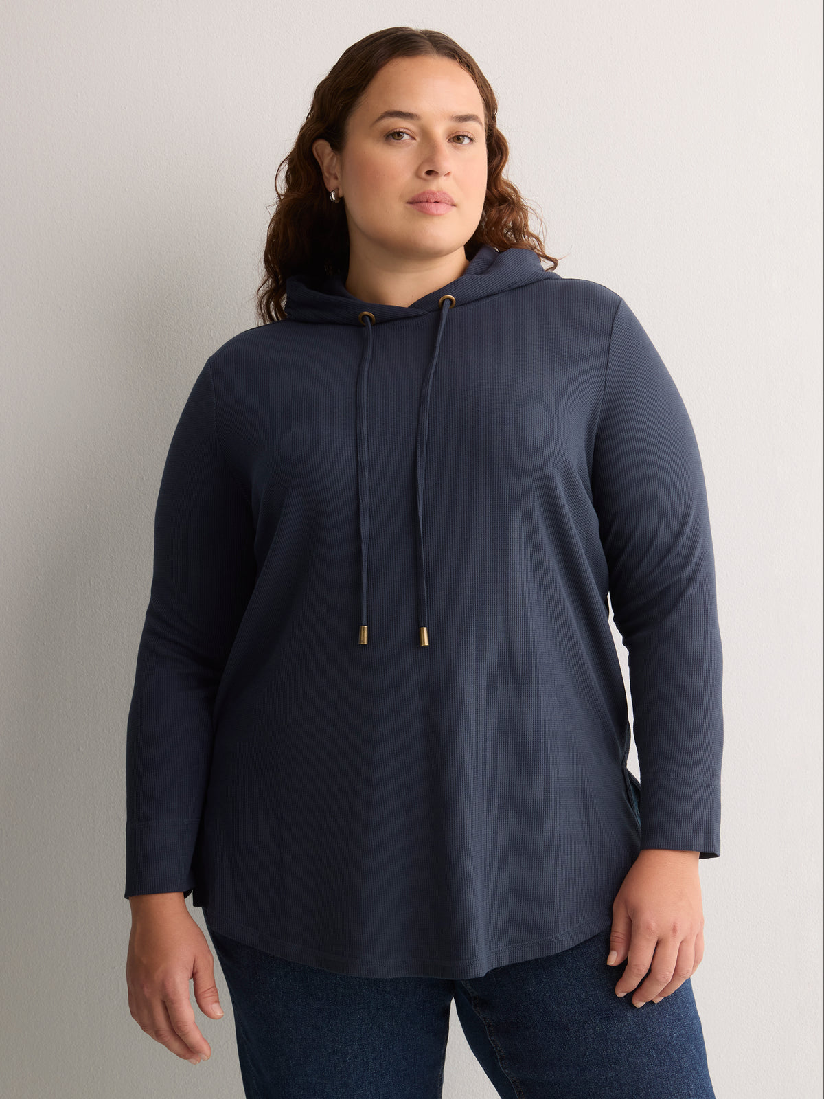 Long Straight Waffle Knit Hoodie