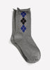 Grey Rolled-Edge Crew Socks with Argyle Print