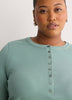 Straight Elbow-Sleeve Ribbed Knit Henley Top