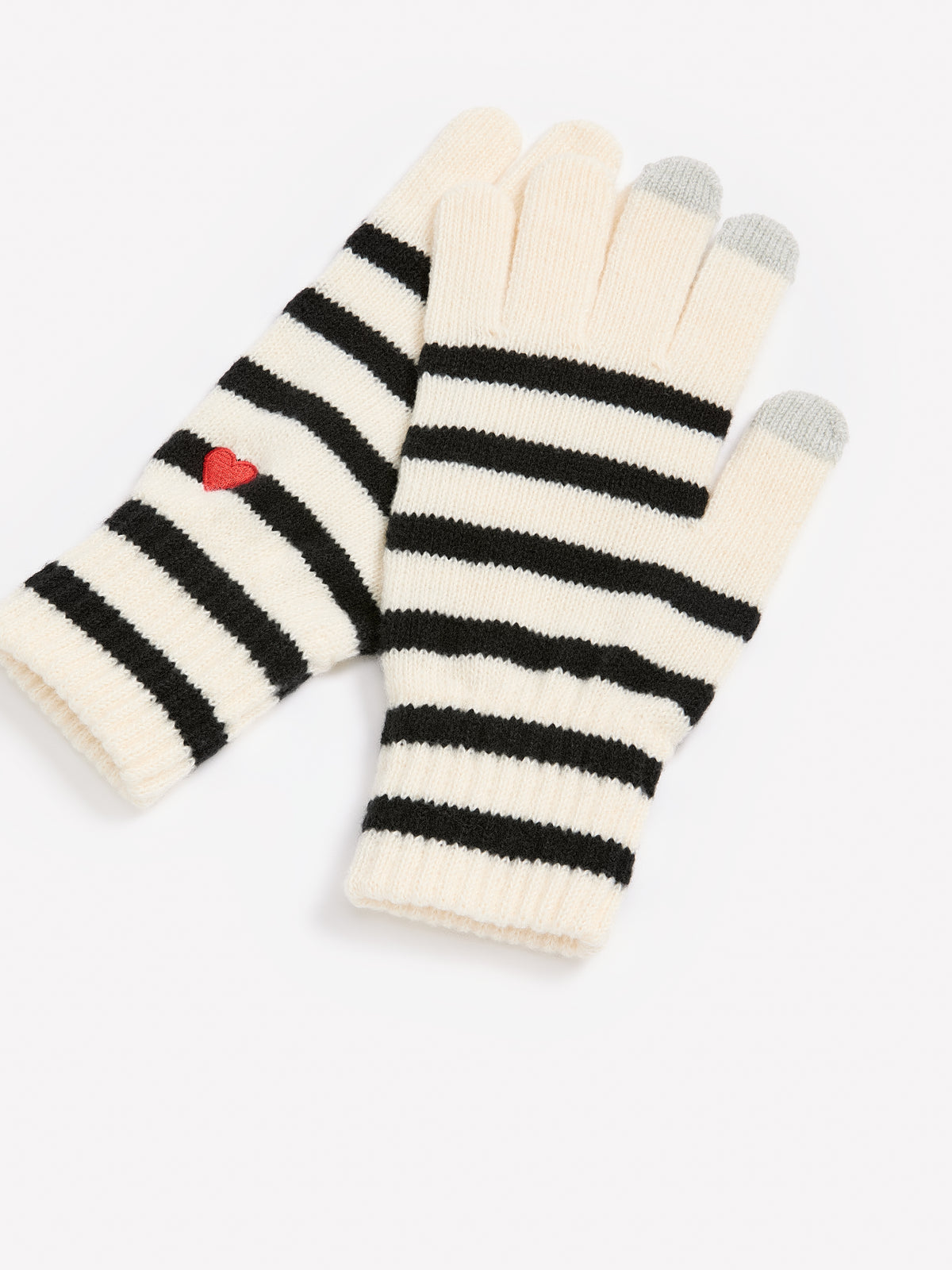 Striped Rib Knit Gloves with Embroidered Heart