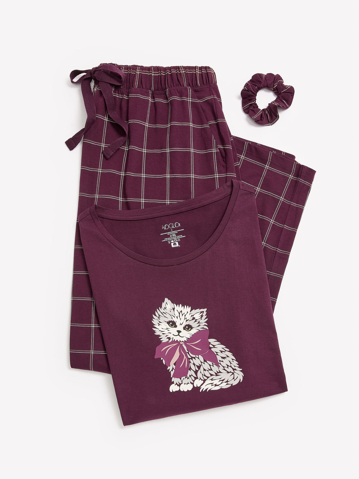 Purple Cat-Print Crew Top and Straight Pant Pyjama Set - tiVOGLIO