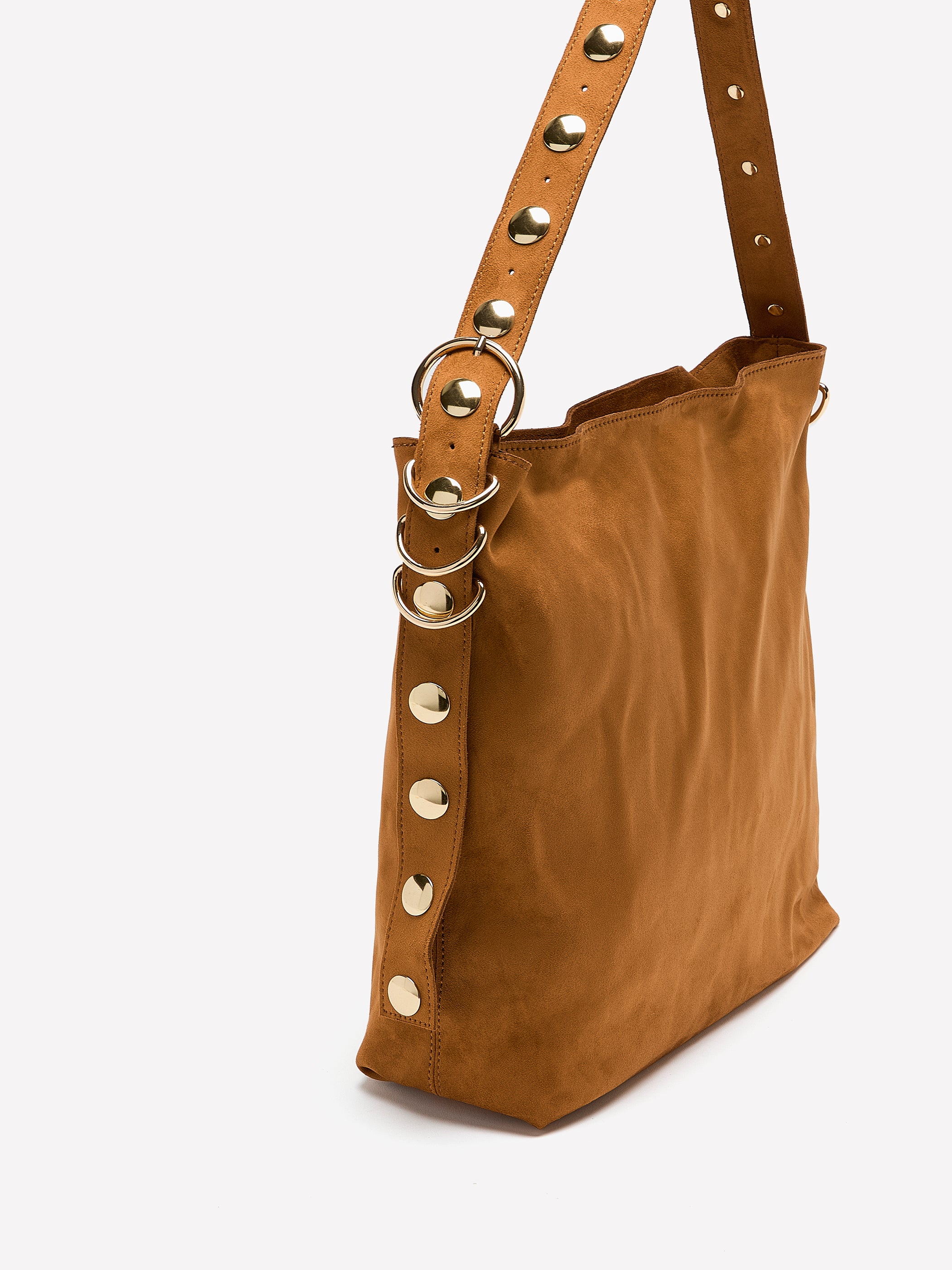 Large Cognac Faux-Suede Boho Bag with Studded Strap