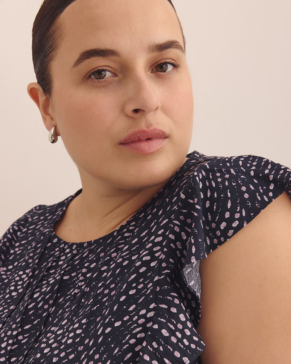 Short Sleeve Ruffle Blouse with Pintucks Detail