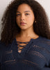Straight Lace-Up Crew Neck Combed Knit Sweater