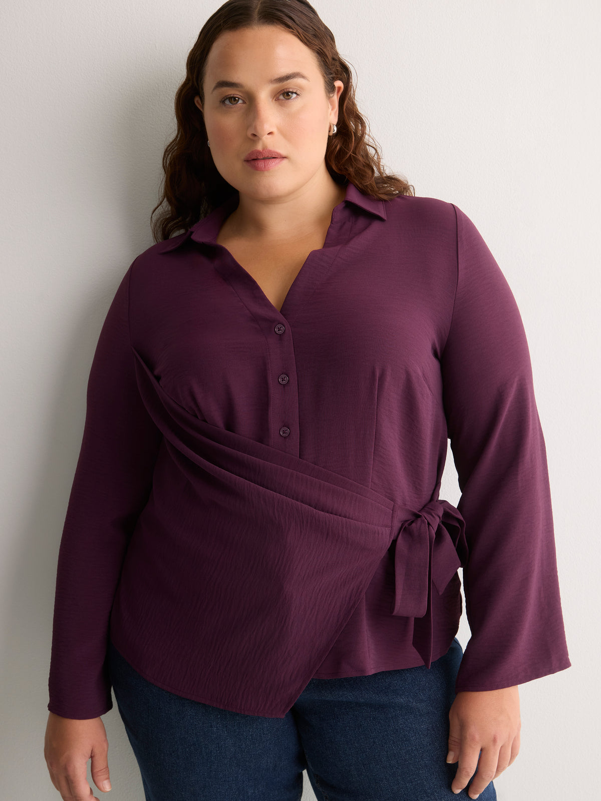 Purple Buttoned-Down Wrap Blouse