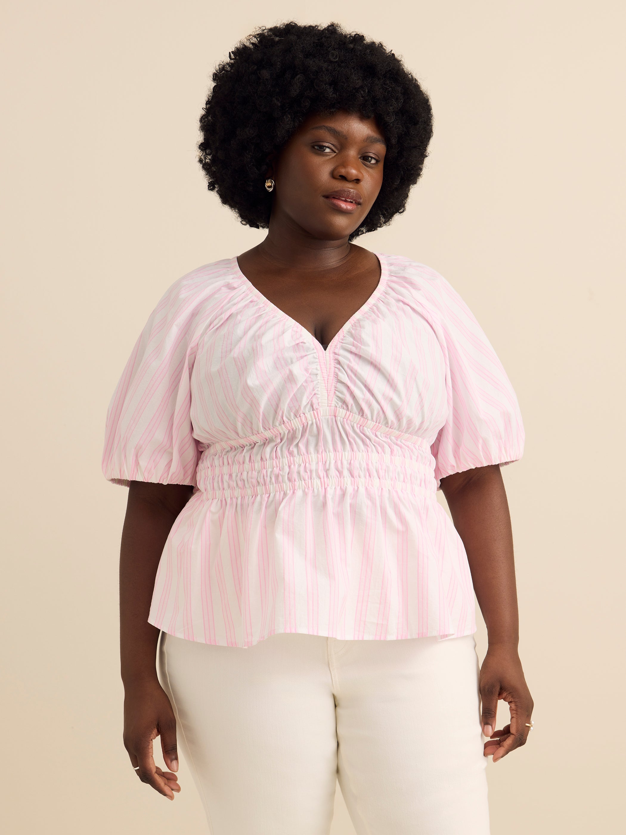 Pink Flared V-Neck Blouse with Short Bubble Sleeves