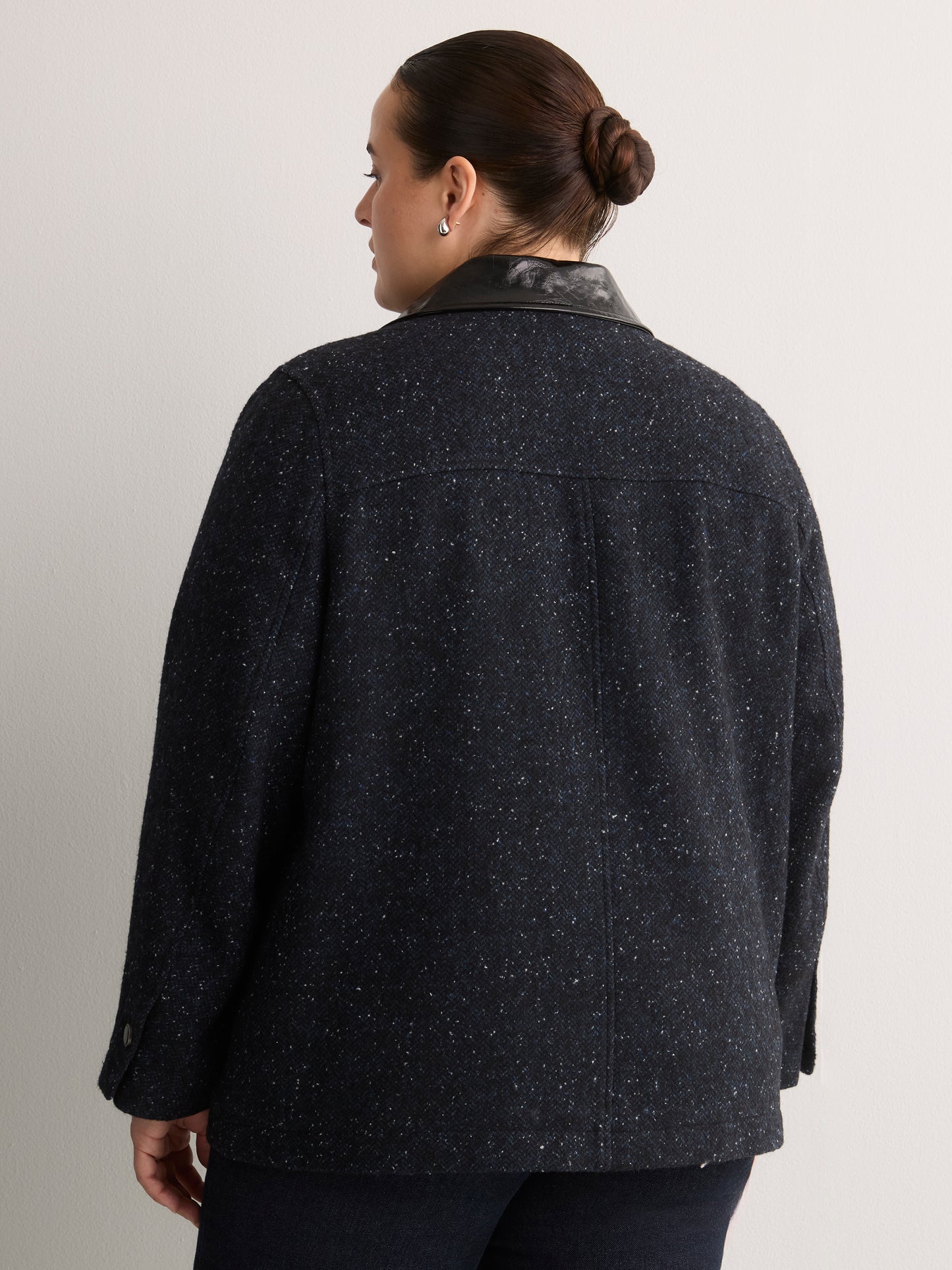 Blue Tweed Barn Jacket with Faux-Leather Collar