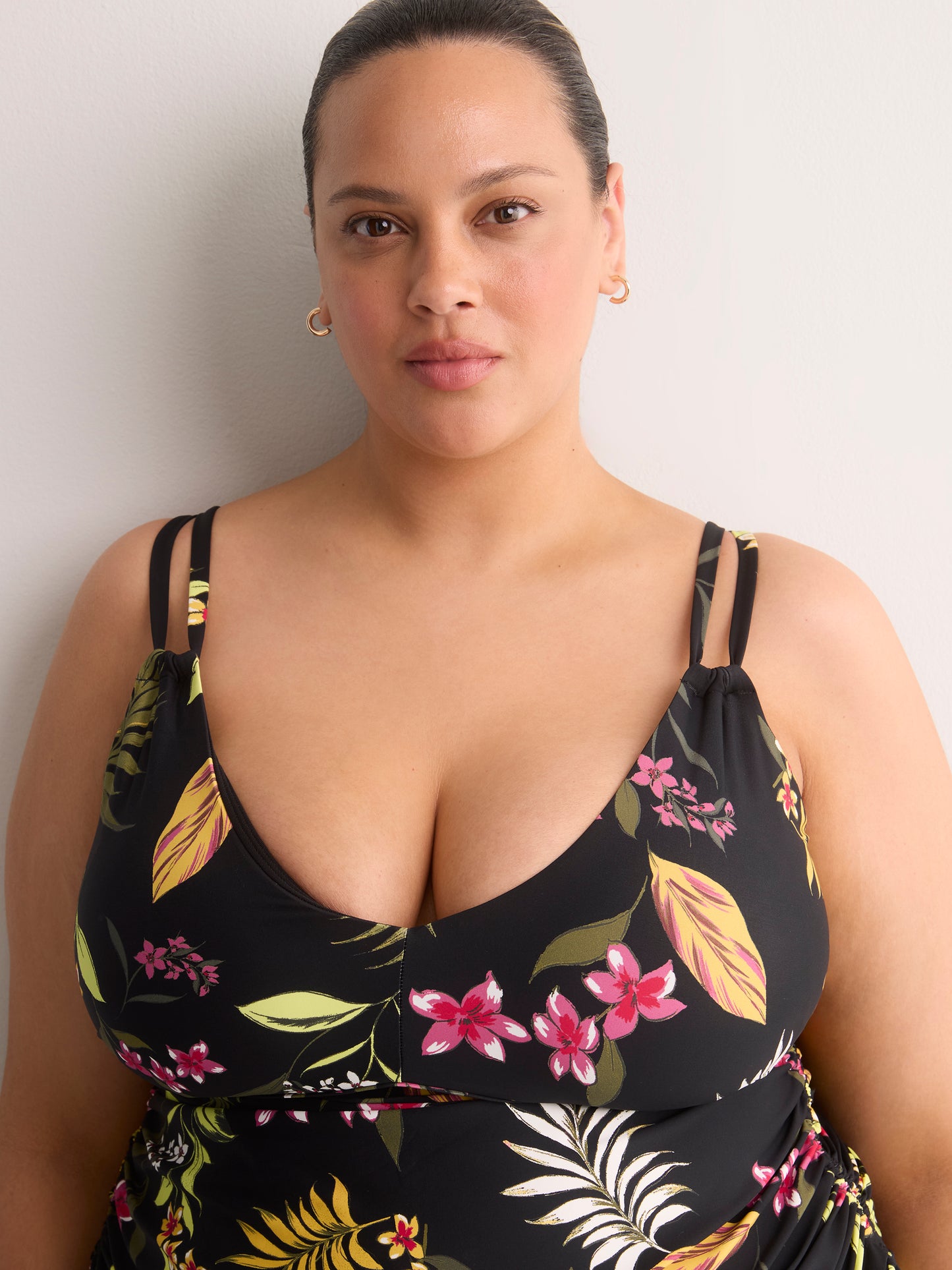 Black Floral Shirred V-Neck Tankini Top