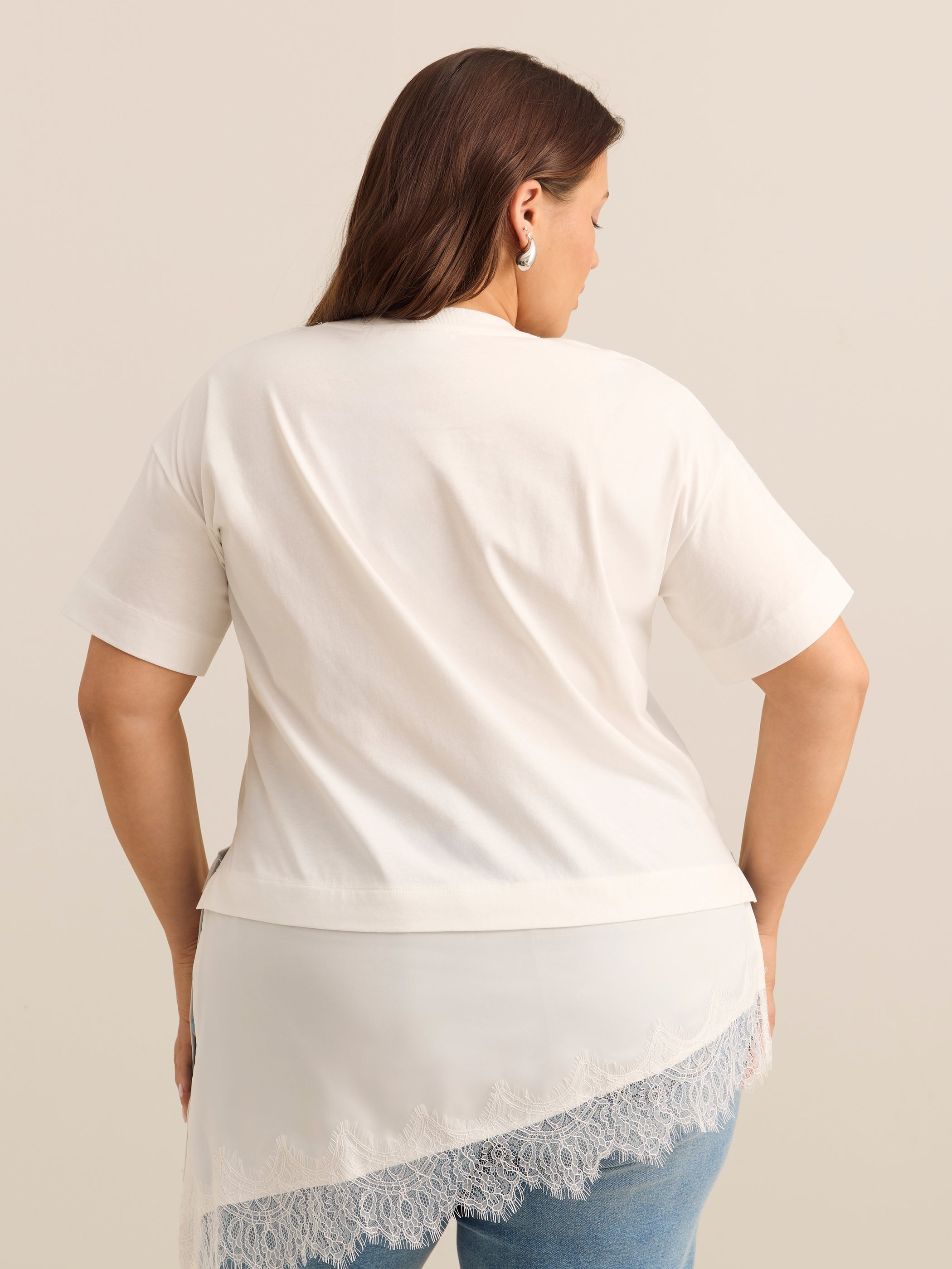 Short-Sleeve Crew Neck Tee with Lace-Trim Satin Fooler - Addition Elle