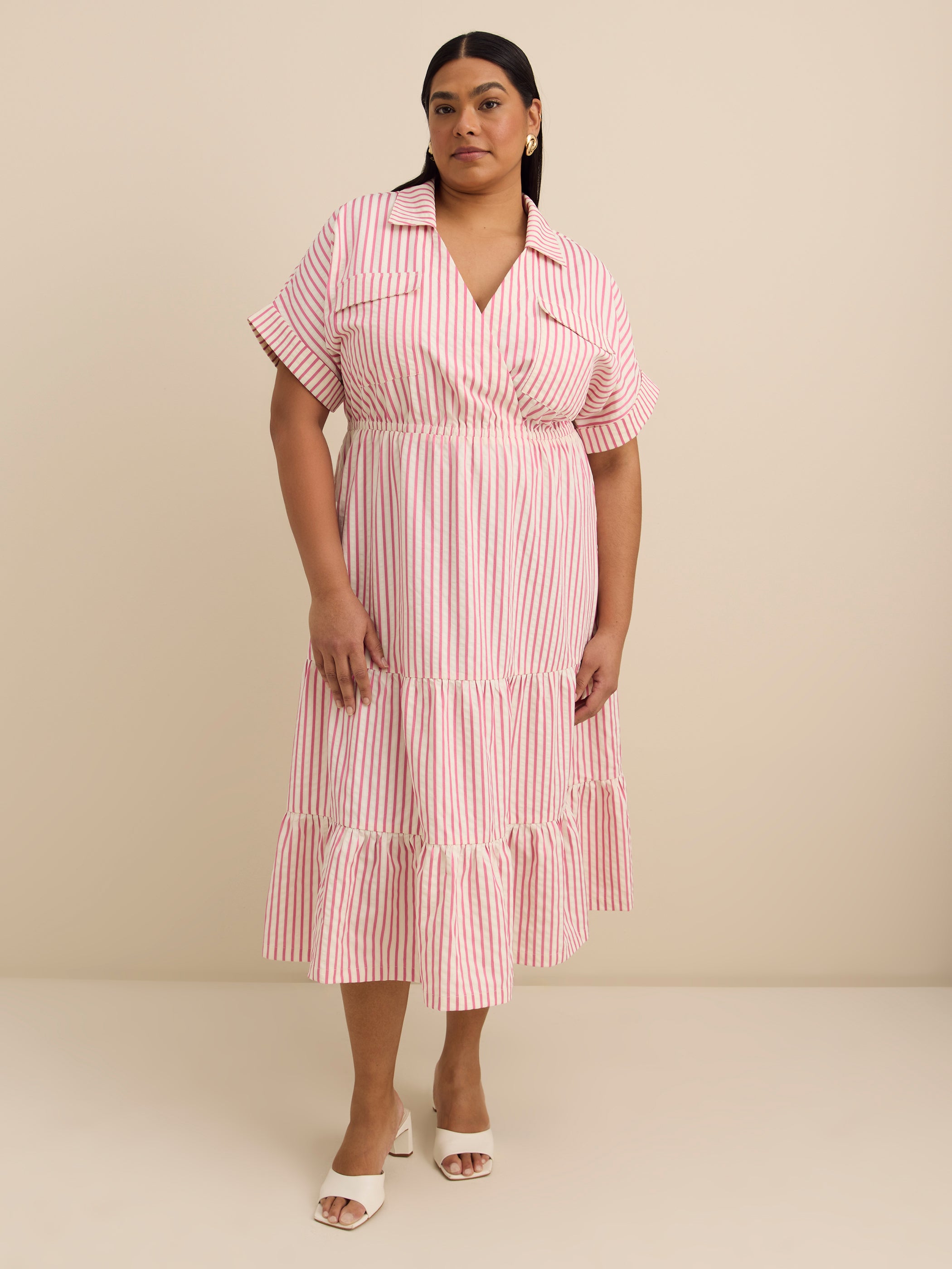 Pink Midi Tiered Utility Shirt Dress