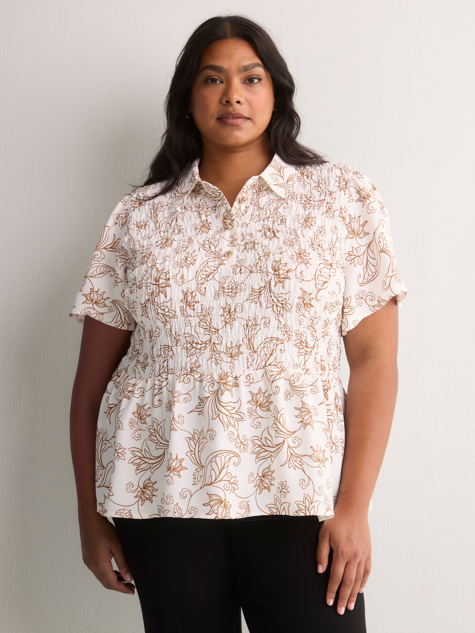Responsible, Smocking Fit-and-Flare Shirt-Collar Blouse