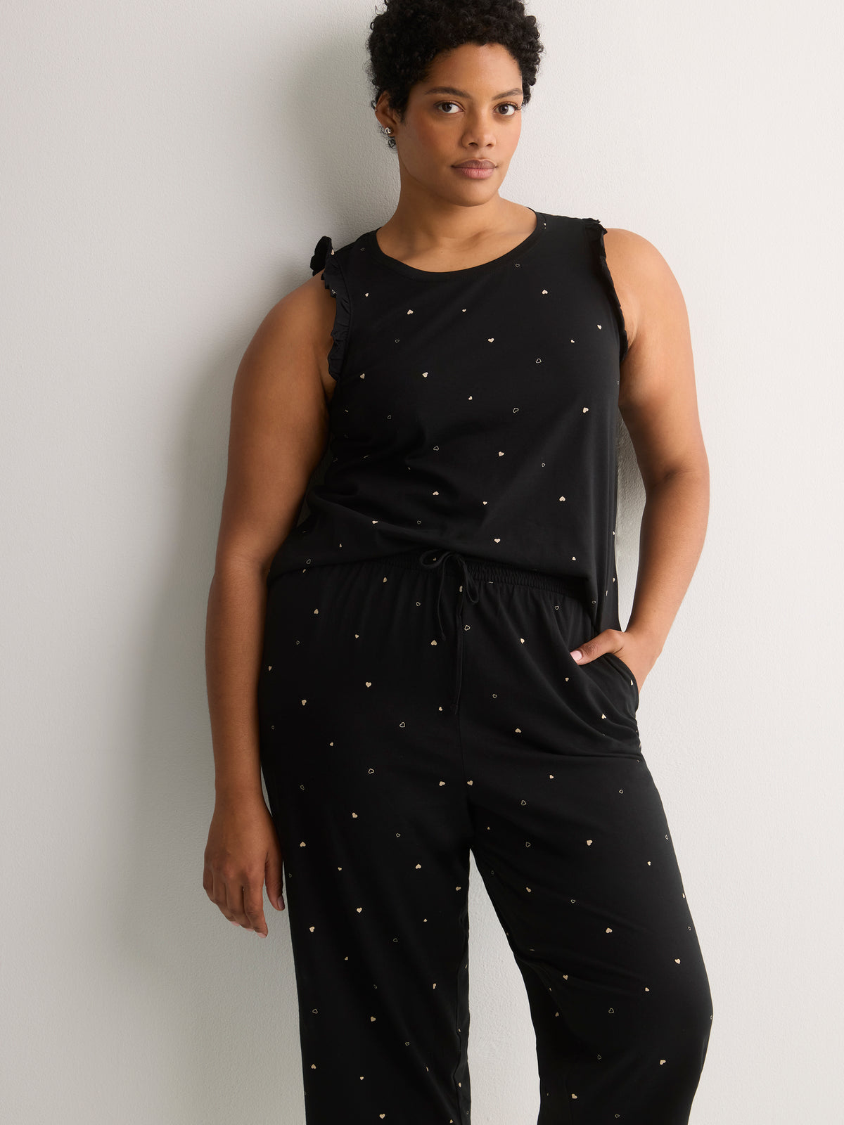 Black Heart-Print Cotton Knit Pyjama Capri - tiVOGLIO