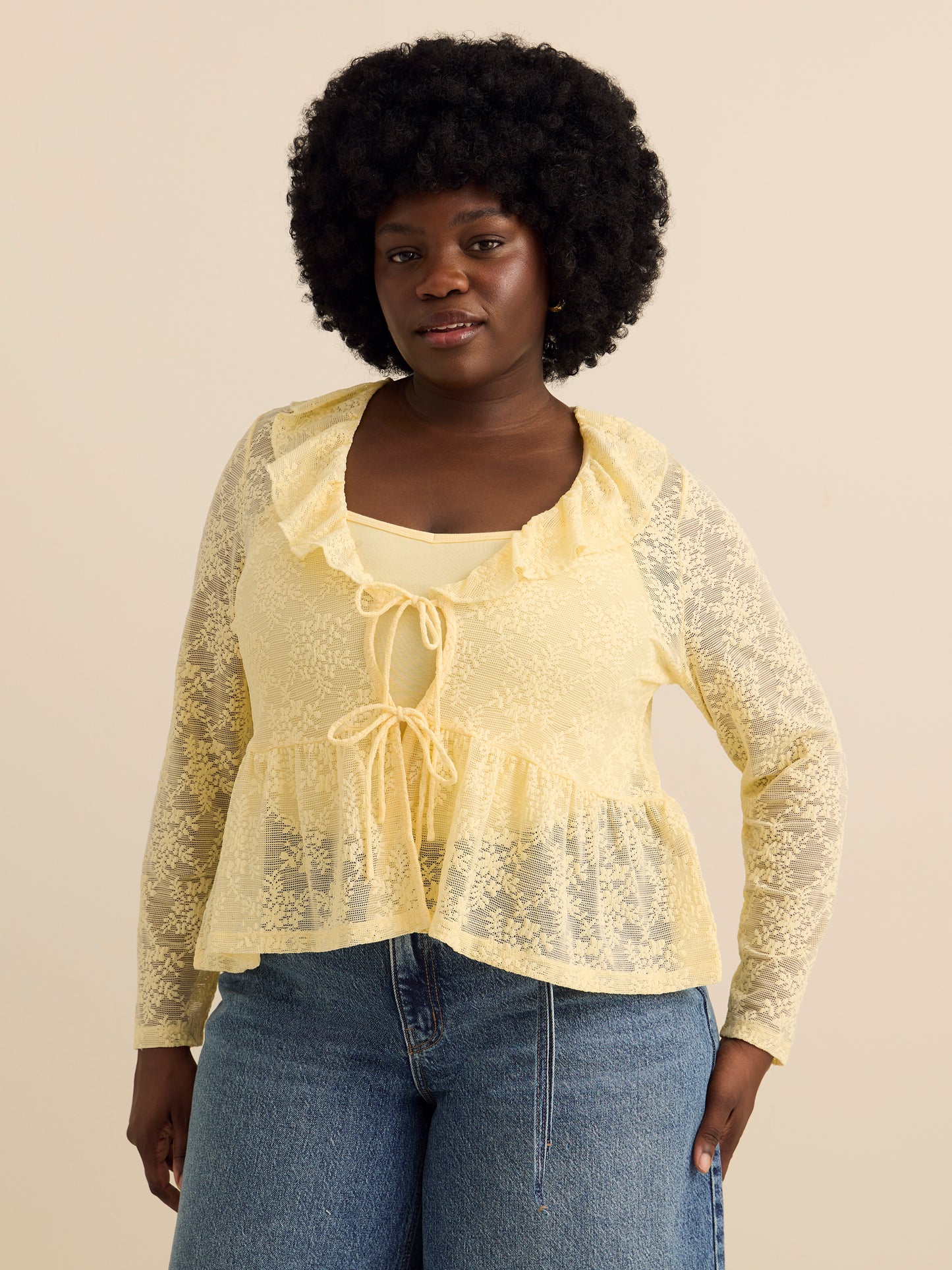 V-Neck Fit and Flare Lace Top with Ruffles