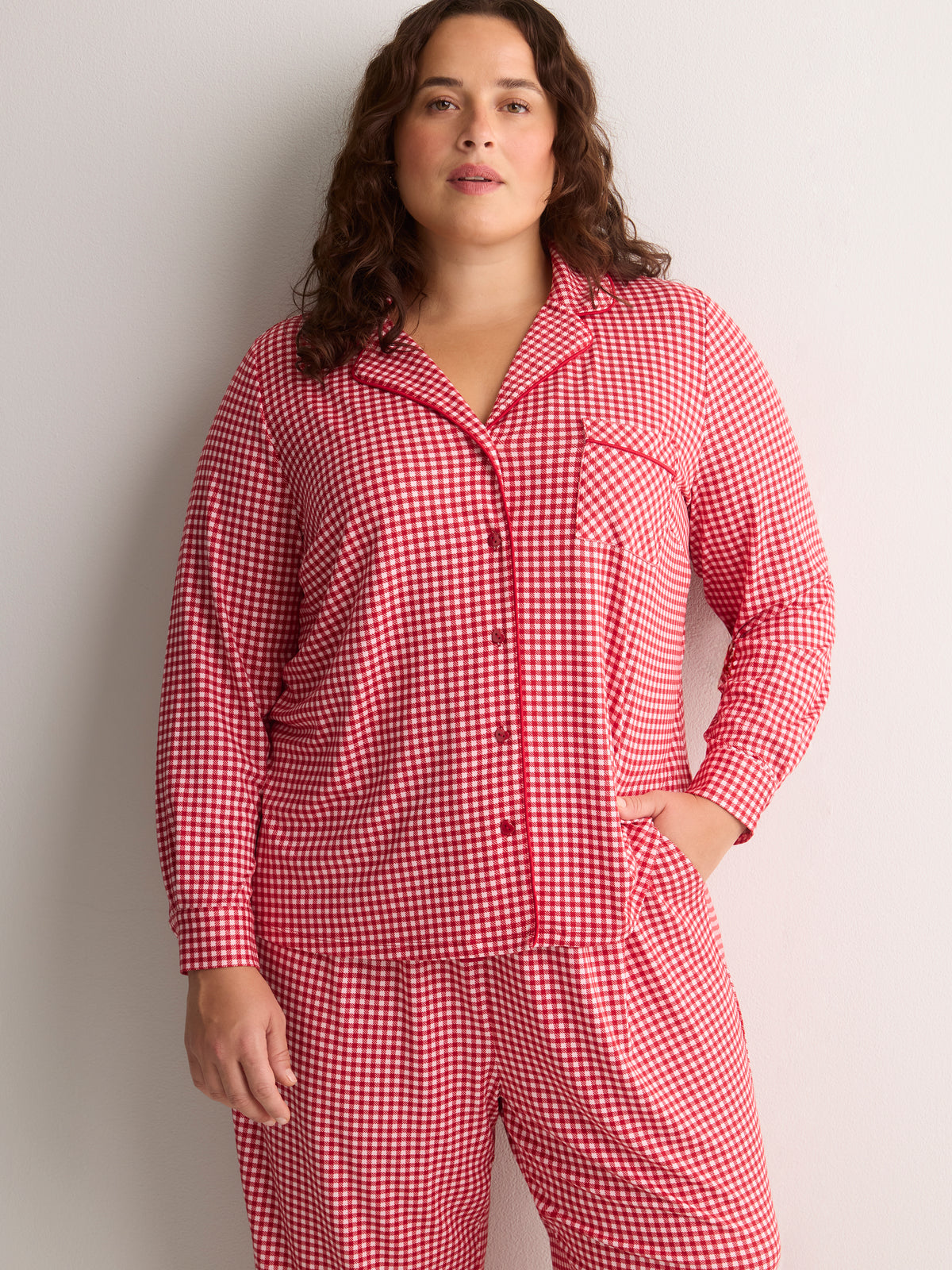 Red Gingham Buttoned Down Shirt and Straight Pant Pyjama Set - tiVOGLIO
