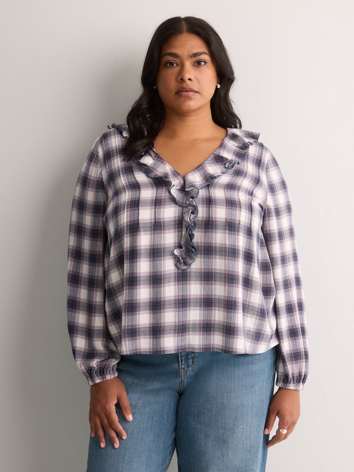 Plaid Ruffled V-Neck Pintuck Swing Blouse