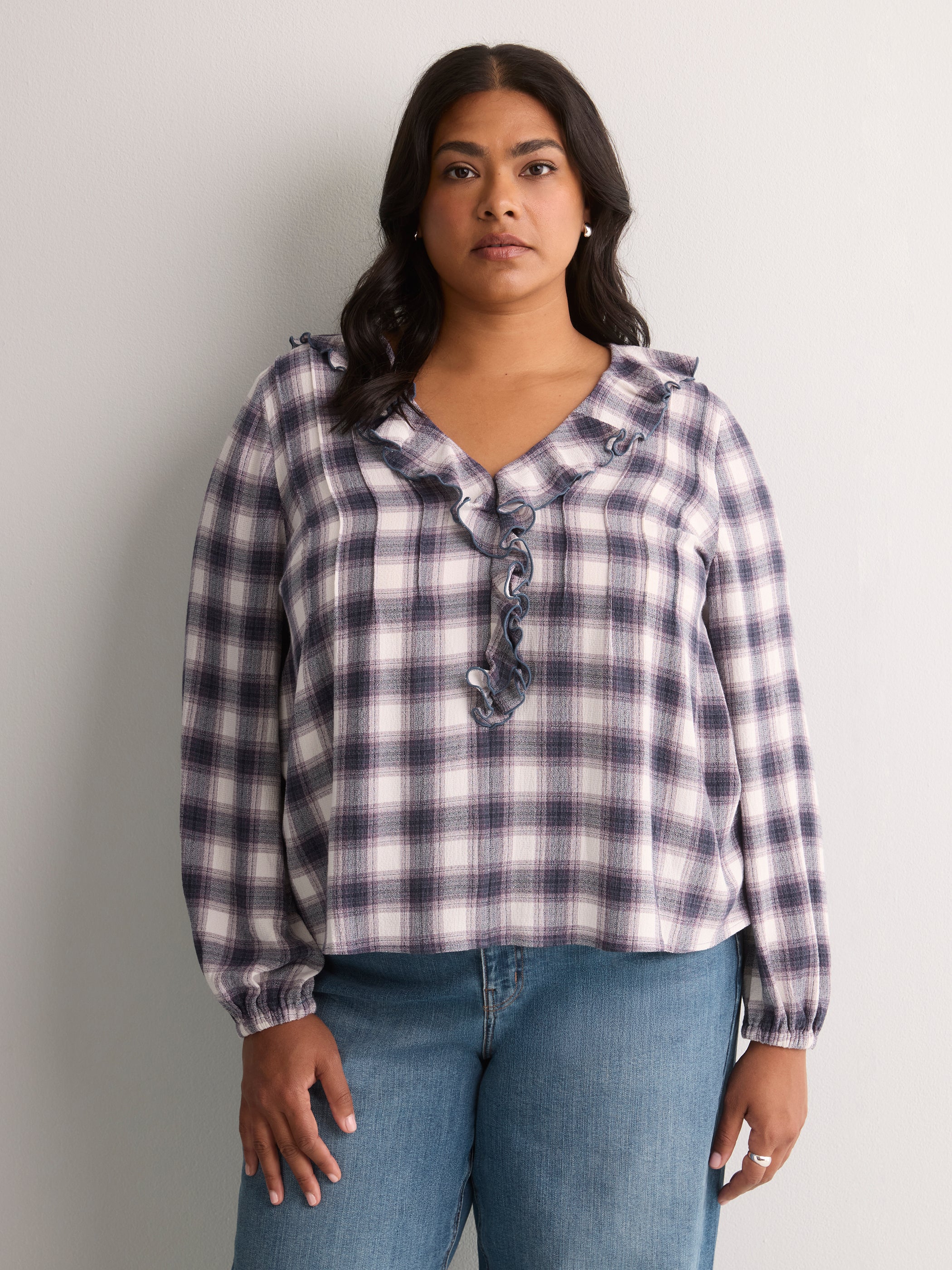 Plaid Ruffled V-Neck Pintuck Swing Blouse