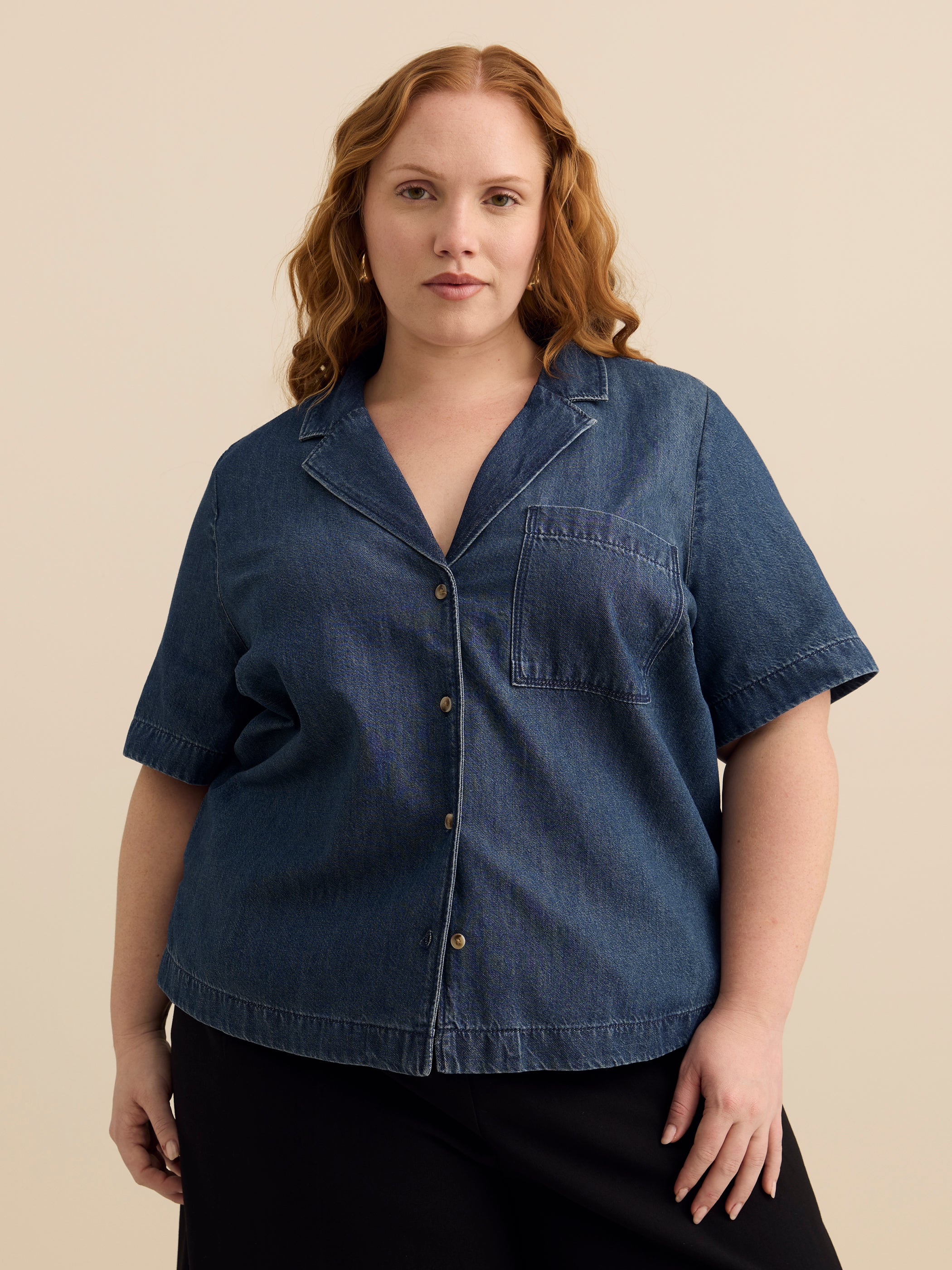 Camp Collar Loose Denim Blouse