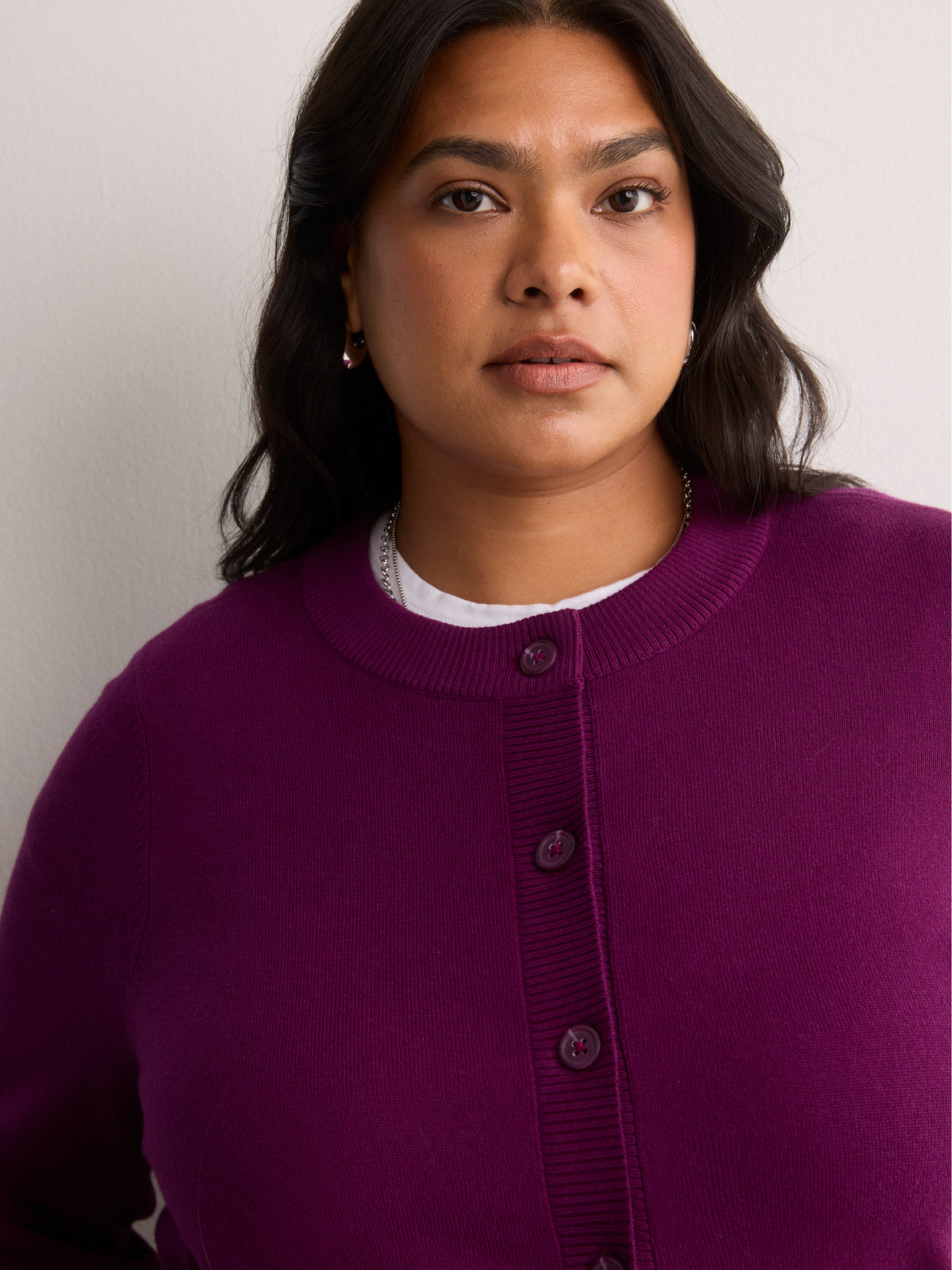 Dark Buttoned-Down Cotton Blend Crew Neck Cardigan