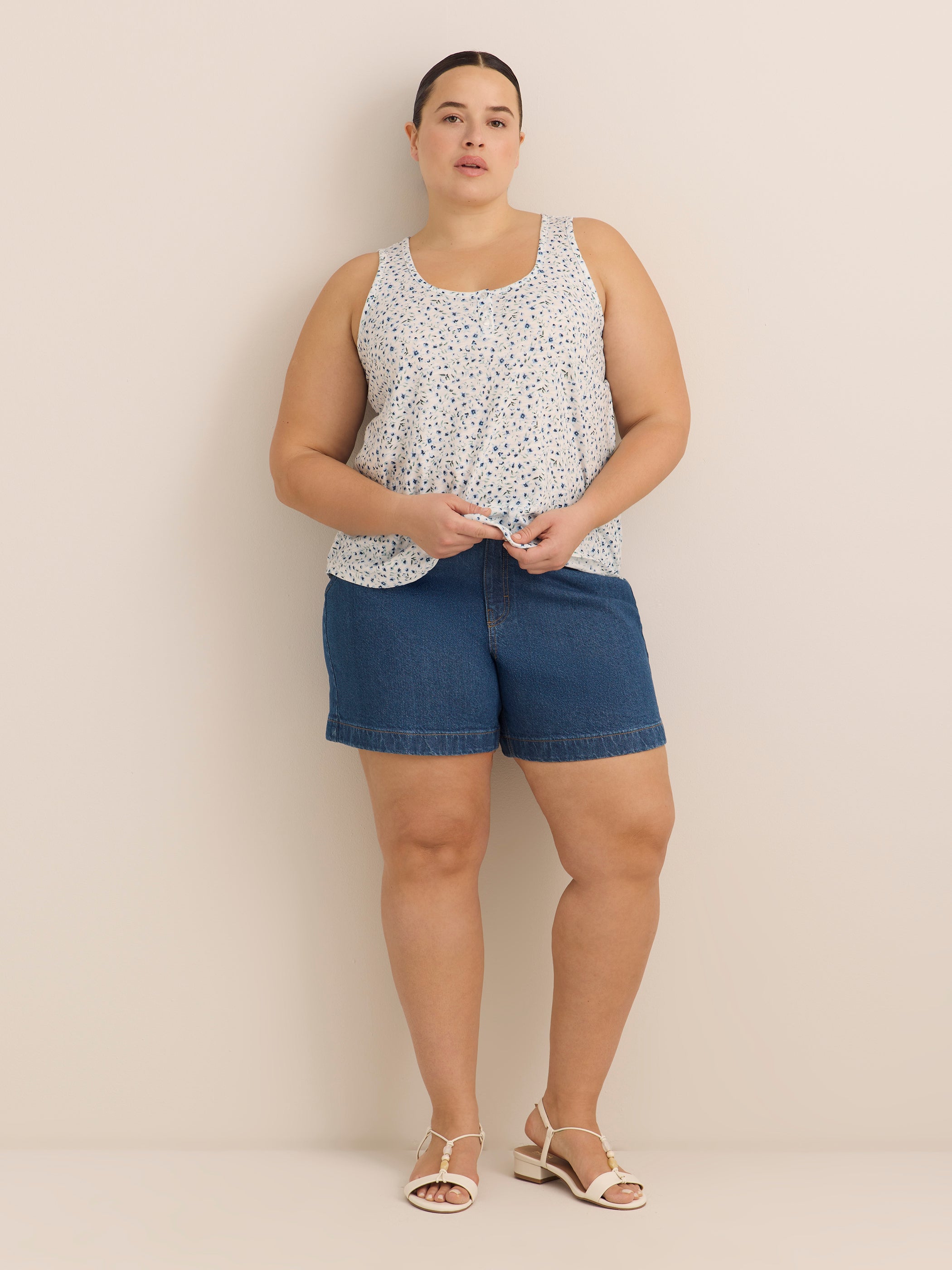 Straight Floral-Print Henley Tank Top