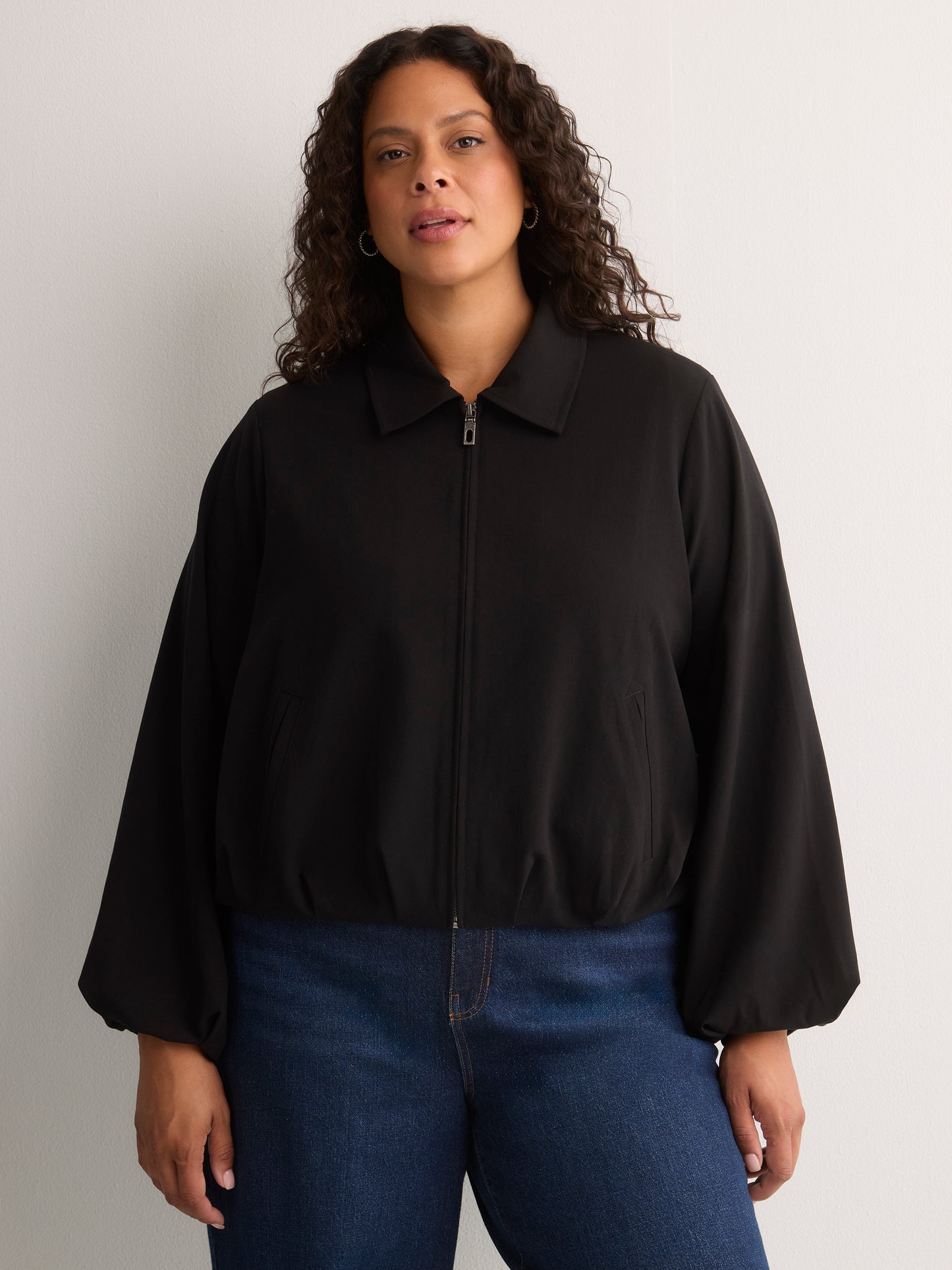 Dark Balloon-Hem Bomber Jacket