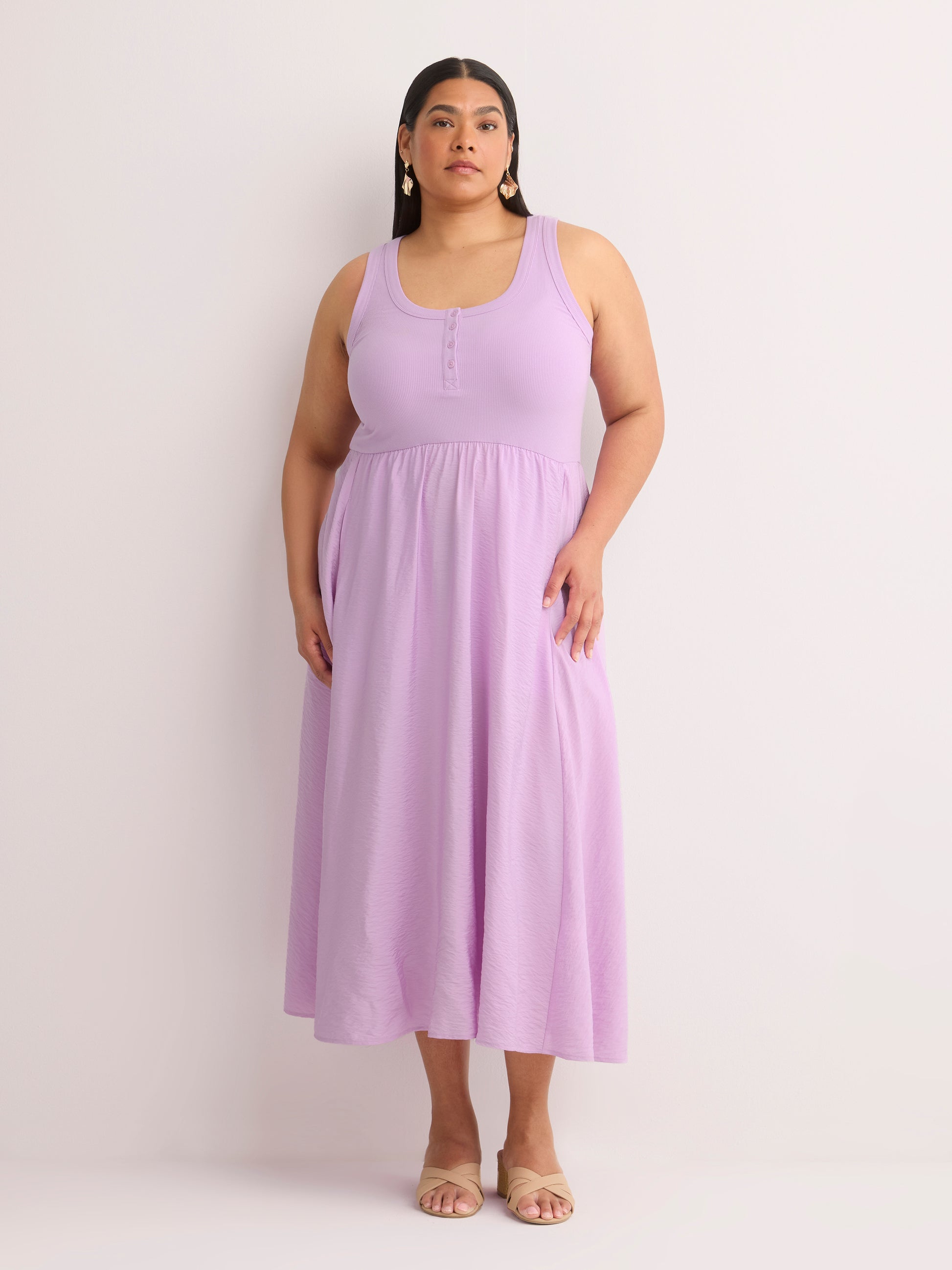 Responsible, Sleeveless Henley Flared Maxi Dress
