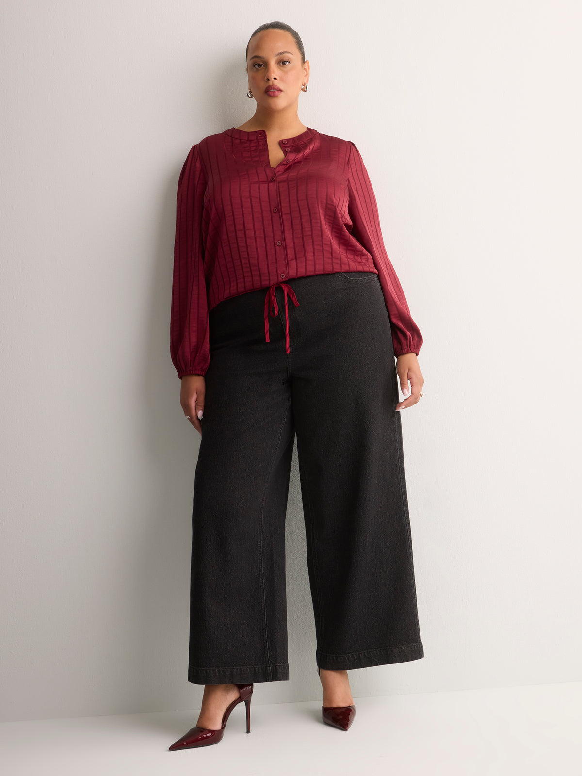 Short Buttoned-Down Elastic-Waist Blouse