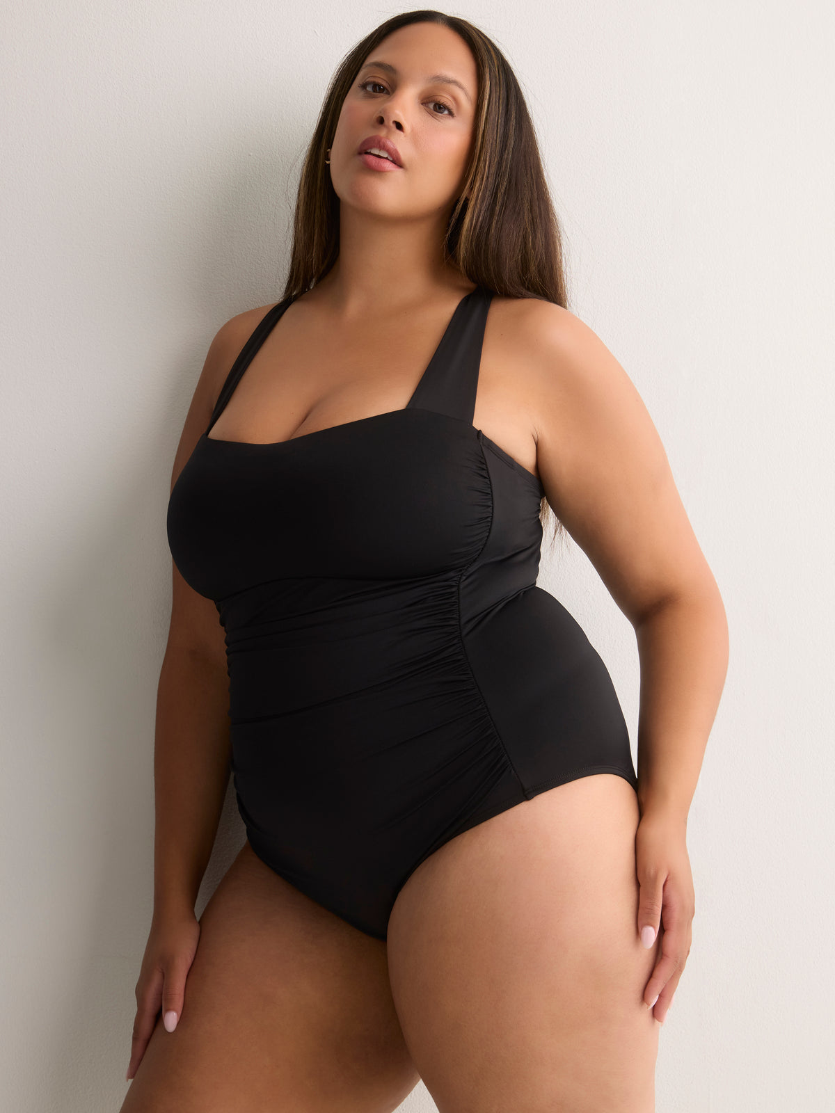 Black Shirred Mid-Leg One-Piece Swimsuit