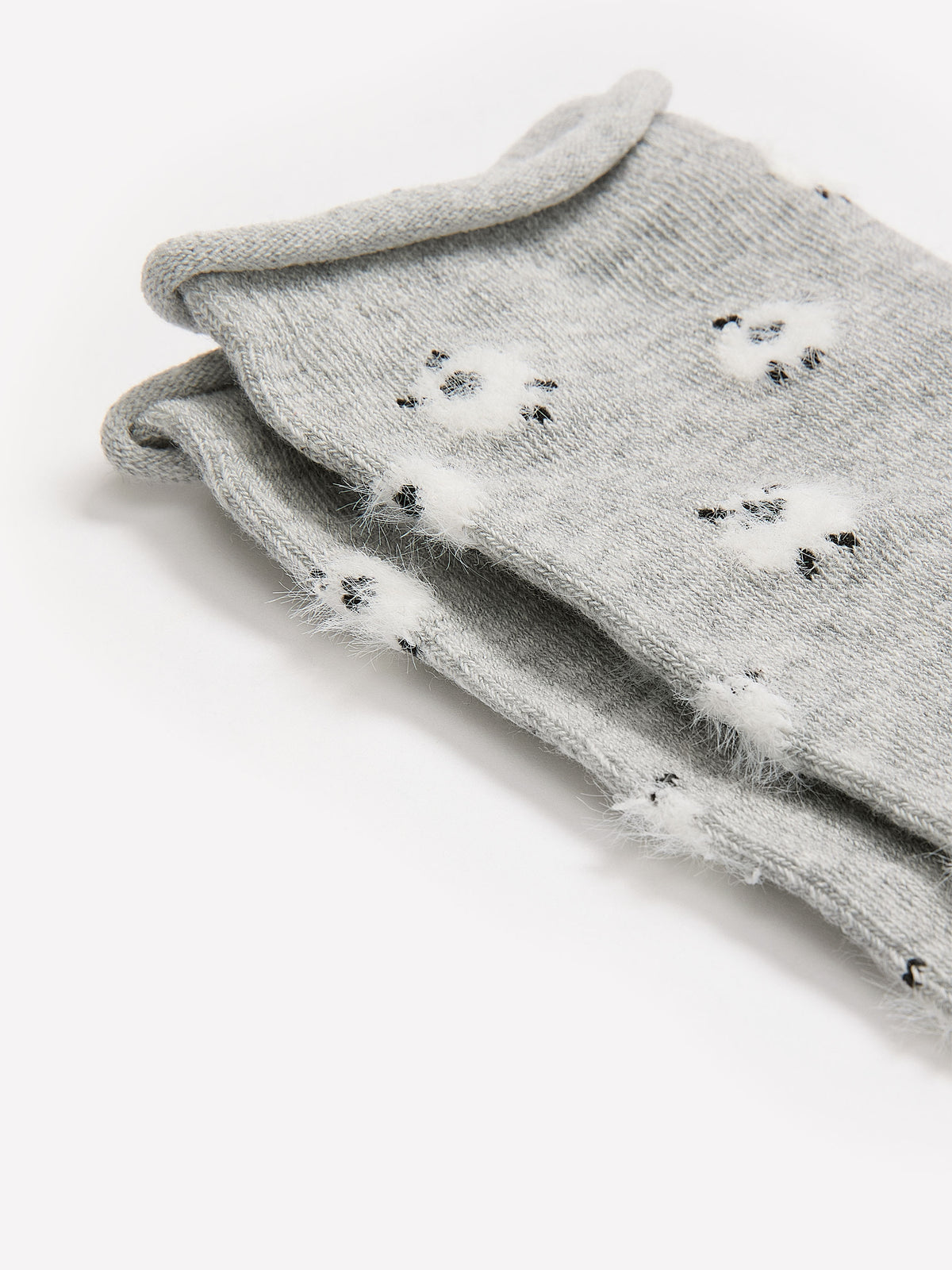 Heather Grey Rolled-Edge Cotton Crew Socks with Sheep Print