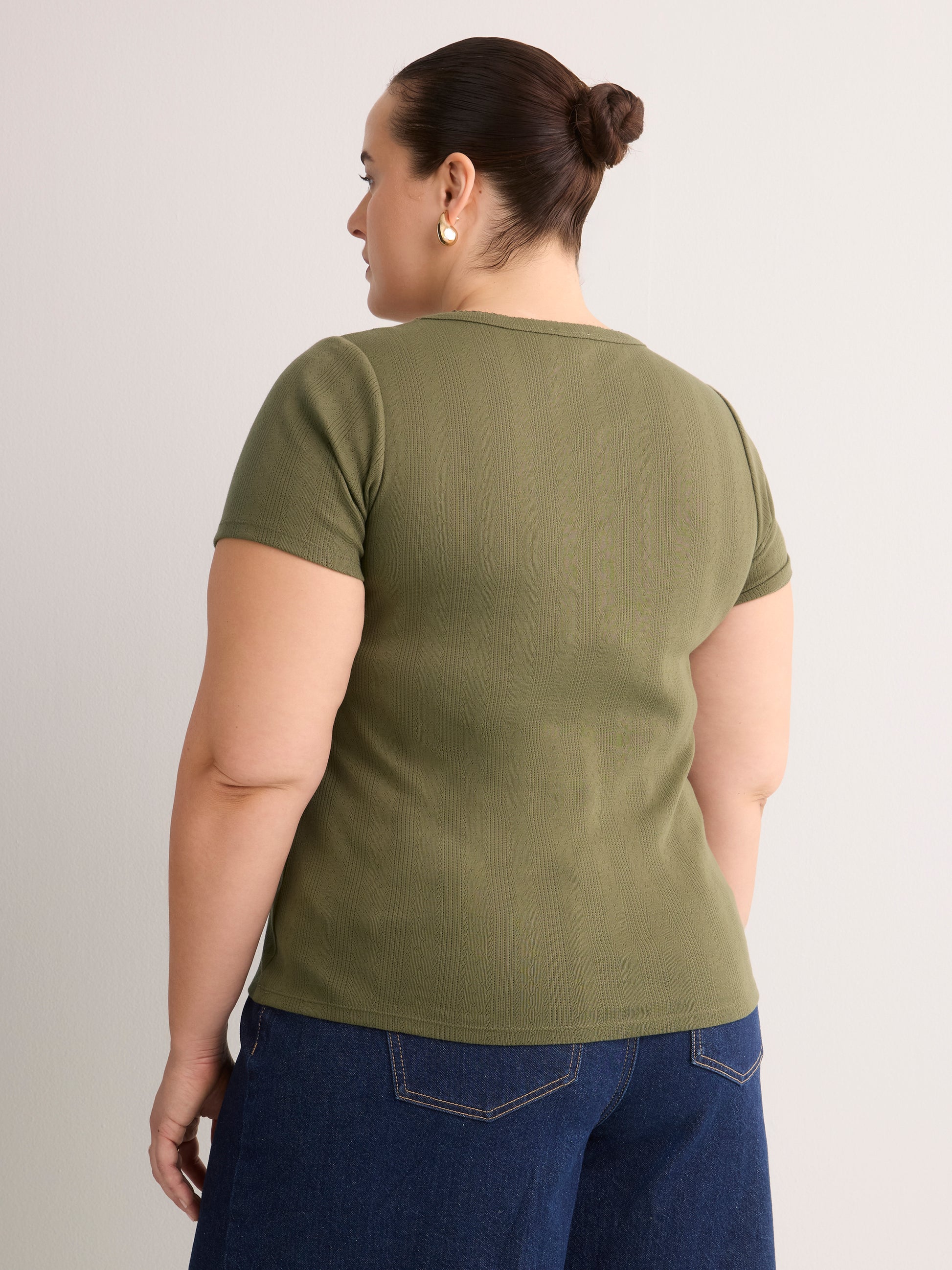 Grey Pointelle Knit Fitted Short-Sleeve T-Shirt