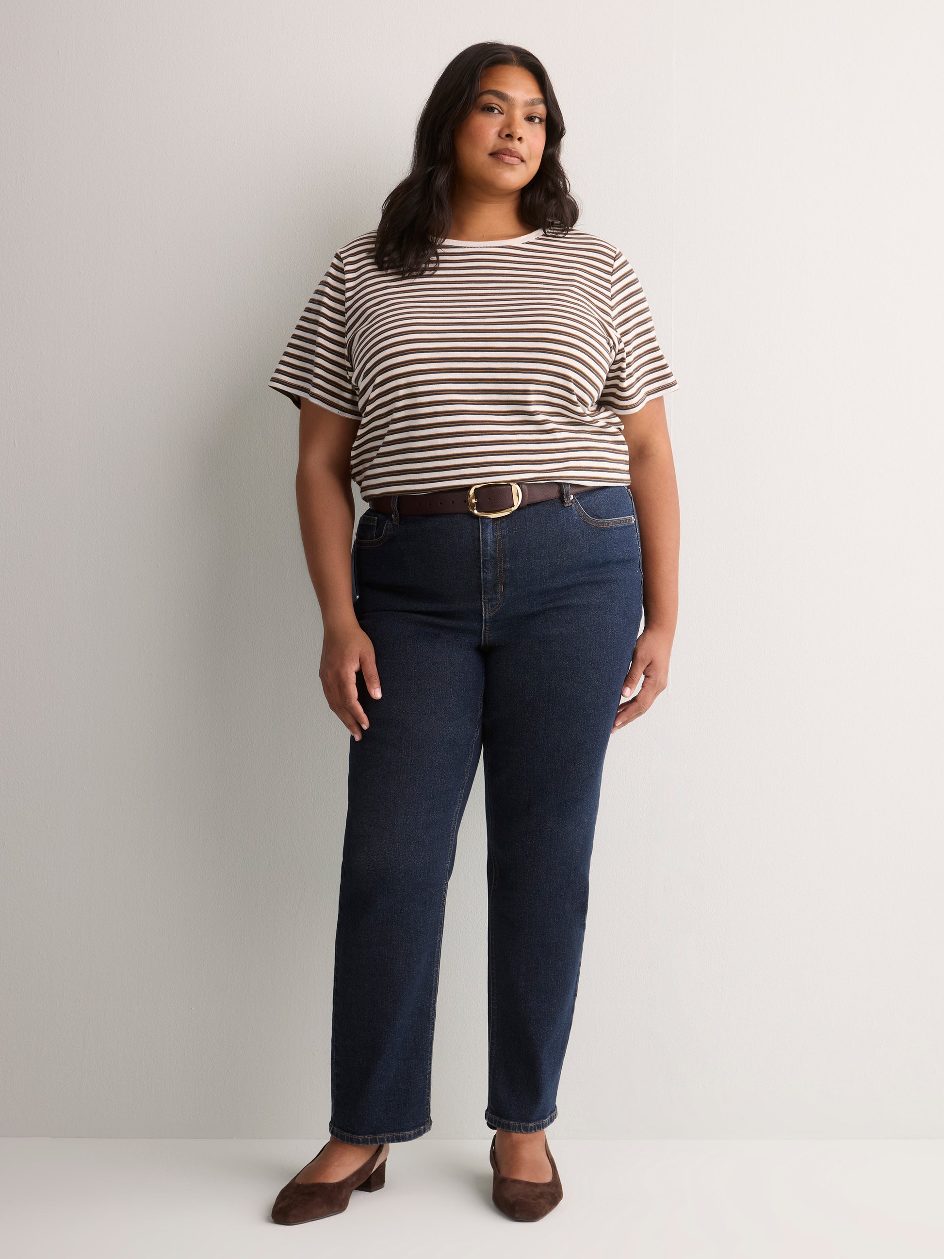 Curvy-Fit White Rugby Striped Short-Sleeve Crew-Neck Tee