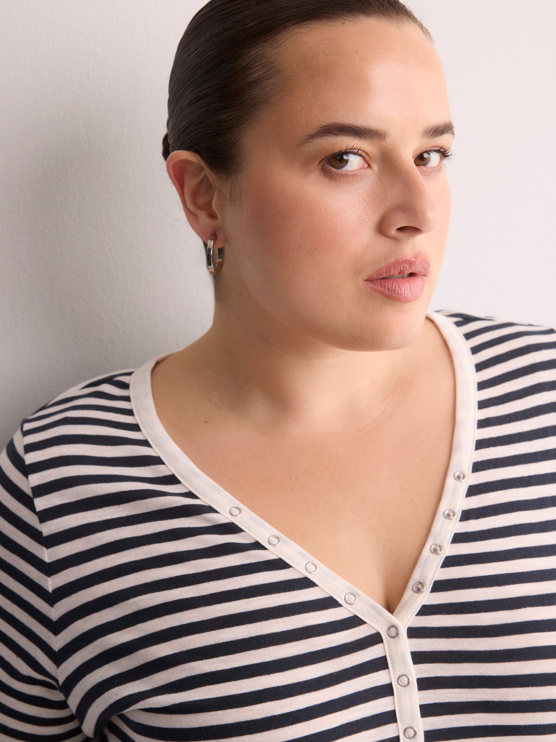 Short-Sleeve V-Neck Henley Shirt with Stripes