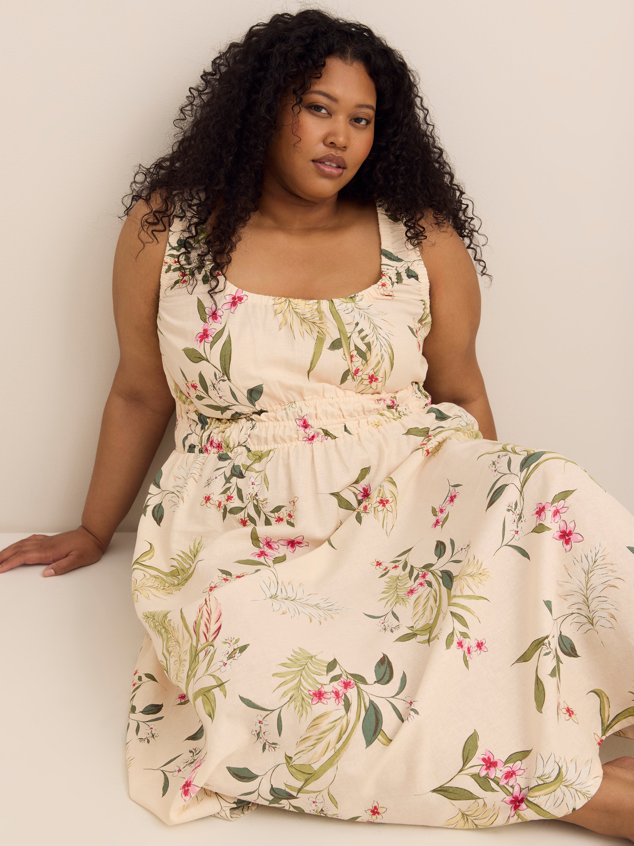 Tropical Linen-Blend Sleeveless Midi Dress with Elastic Waist